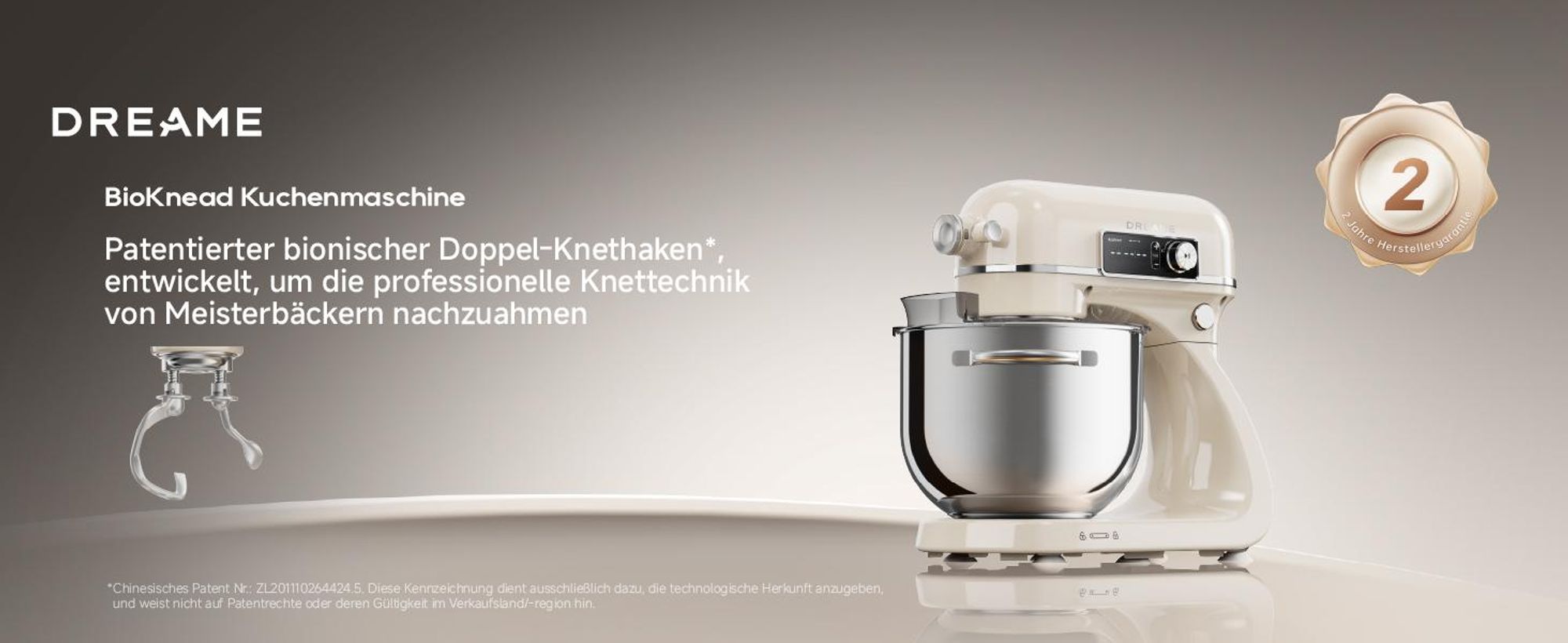 Dreame MX60 Standmixer mit patentiertem Doppelteighaken,leisem 800W,Intelligent Digitalanzeige,12 Geschwindigkeitsstufen,6-Liter Rührschüssel,creme