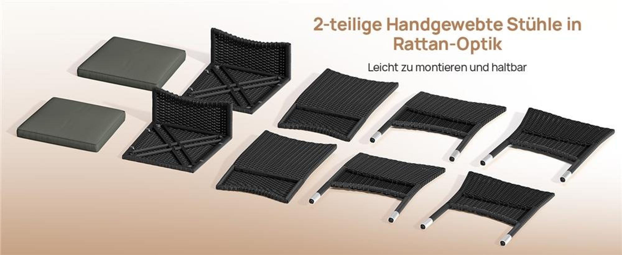 Yaheetech 2er Set Gartenstuhl aus Polyrattan, inkl. Sitz- & Rückenpolster, Gartenmöbel Set mit 2 Sessel, wasserabweisend & waschbar, Schwarz & Grau