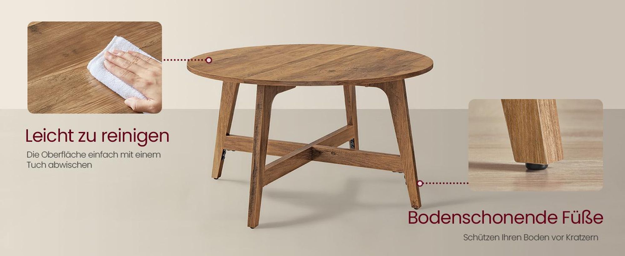 VASAGLE Couchtisch rund, 80 cm Wohnzimmertisch, konische Beine, braun