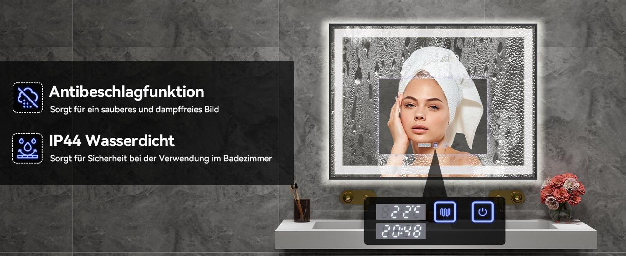 Puluomis Badspiegel 70x50 beschlagfrei mit 3 Farbe Beleuchtung, dimmbare Helligkeit, Badezimmerspiegel mit Digitaluhr, Temperatur schwarz