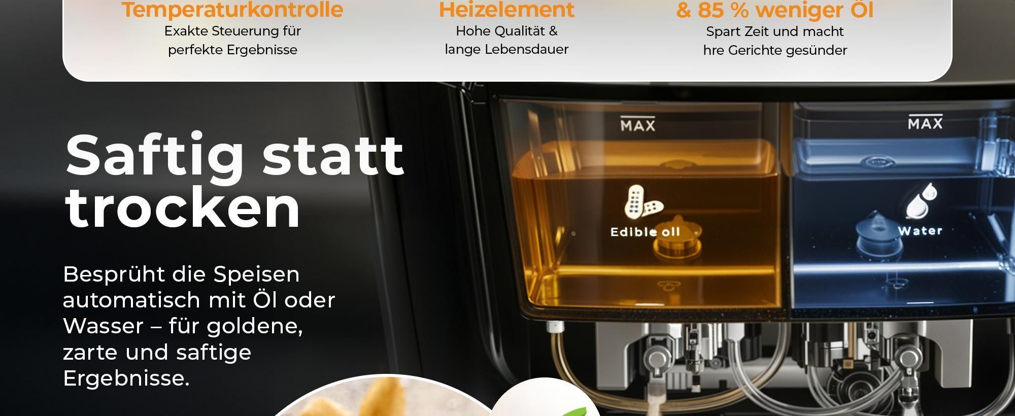 Balter Heißluftfritteuse 7,2L mit Sichtfenster, 1800W, Öl- & Wasser-Spray, Airfryer, 10 Programme, Touchbedienung, 100 Rezepte, Edelstahl, Schwarz