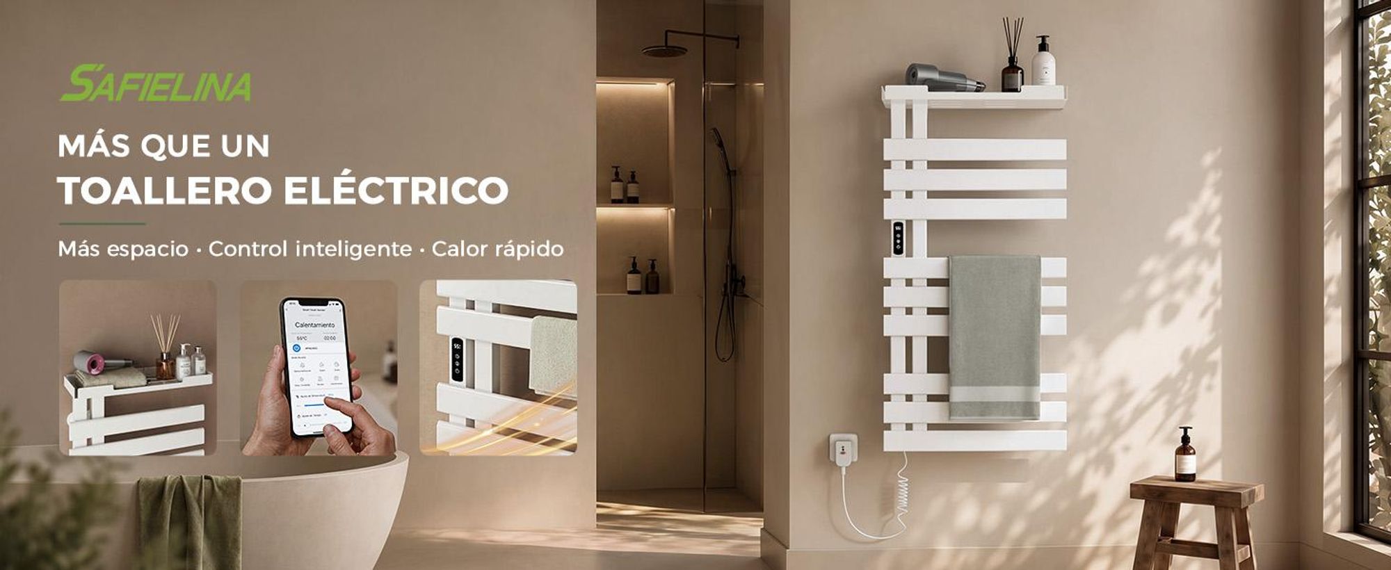 S'AFIELINA Toallero Eléctrico con Balda WiFi 1050×500 mm 335 W Blanco,Radiador Toallero con App, Calefacción de Fibra de Carbono, 6 Modos