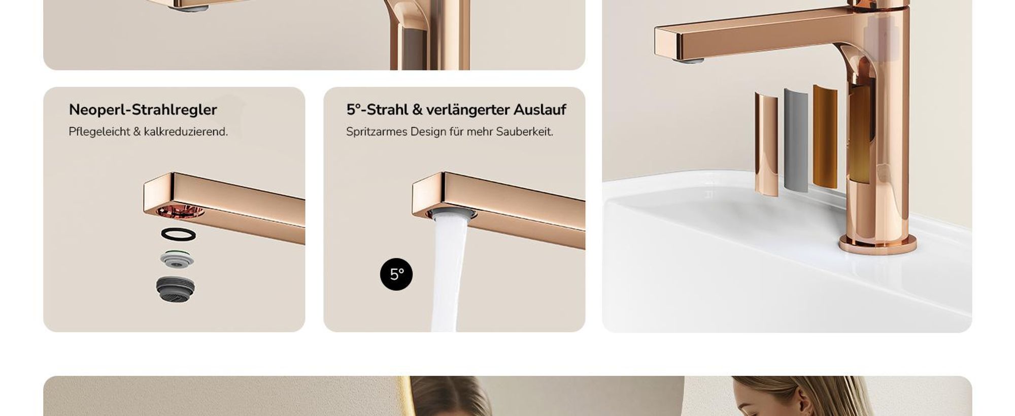 EMKE Wasserhahn Bad Roségold 195x173x46mm, Messing, Keramikkartusche, Badarmatur, Mischbatterie Waschbecken-Armatur, Waschtischarmatur
