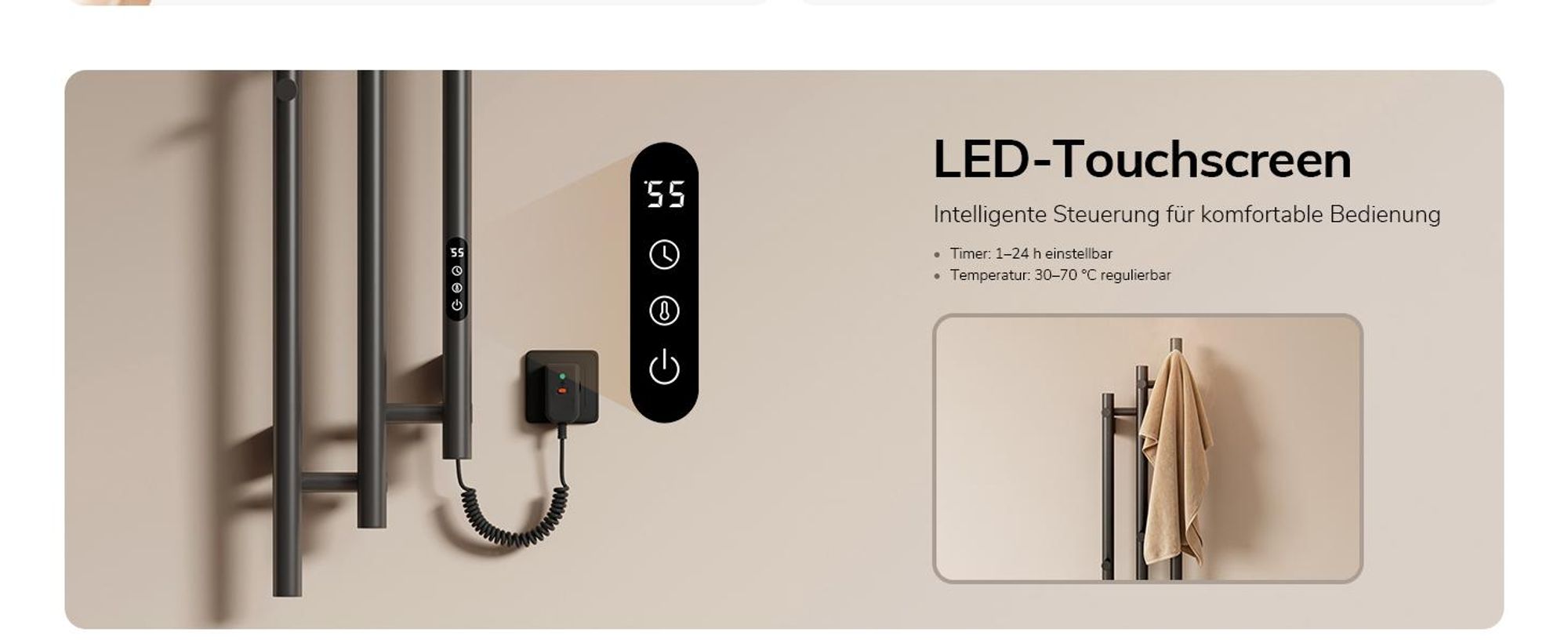 EMKE Elektrischer Handtuchheizkörper WLAN-App Steuerung mit Wochenprogramm LED Touchscreen Kompakt 3-Rohr Handtuchtrockner 115x21,6cm 220W Anthrazit