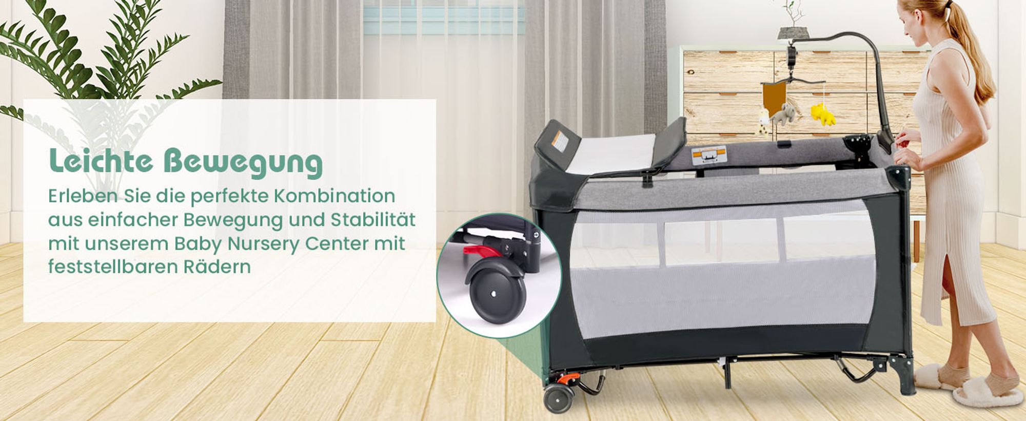 5 in 1 Reisebett mit Matratze 120 x 60cm, Höhenverstellbar Beistellbett mit Wickeltisch, Spieluhr & Spielzeug, Laufstall | Babybett | Babyschaukel für Baby ab Geburt (Grau)