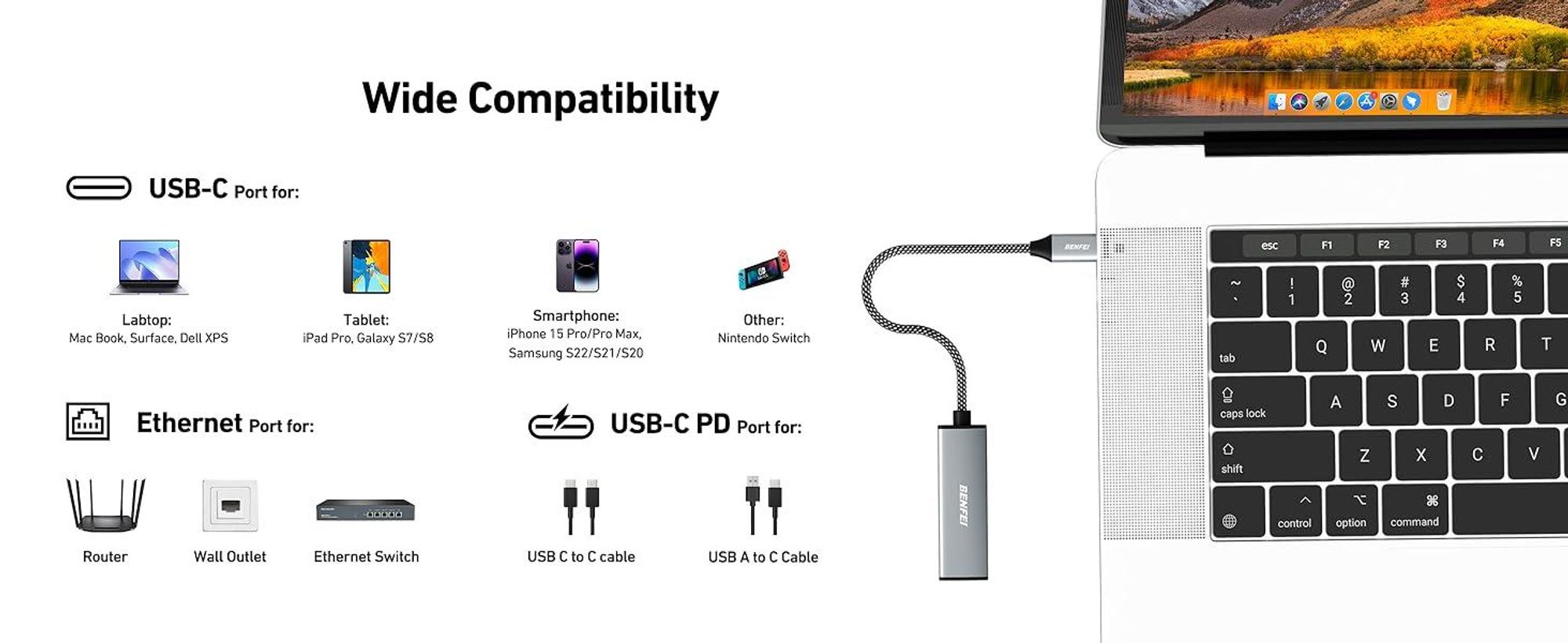 BENFEI Kabeladapter USB C auf Gigabit Ethernet Adapter mit 100W PD