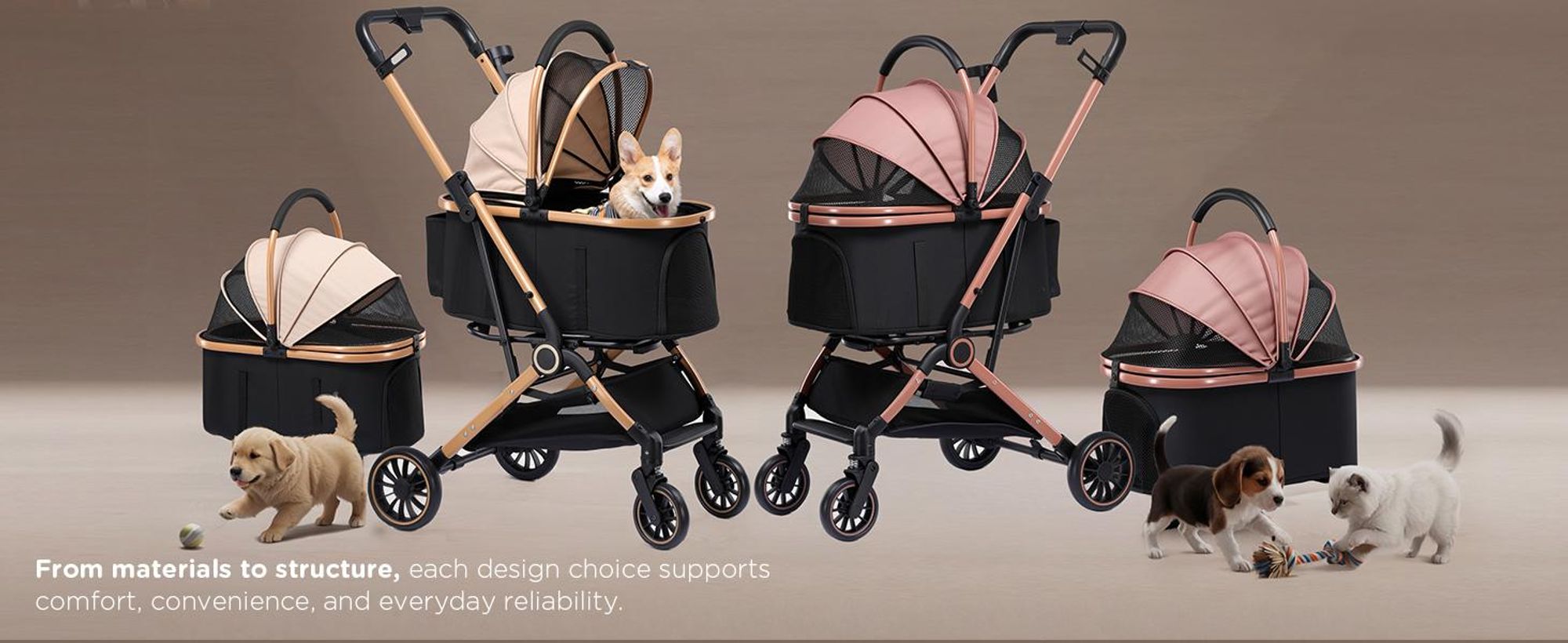 COMHOMA Hundebuggy klappbar bis 25KG, 360°schwenkbares EVA-Vorderrad und Hinterradbremsen, 4-in-1 Hundewagen, Faltbar Katzenwagen Roségold