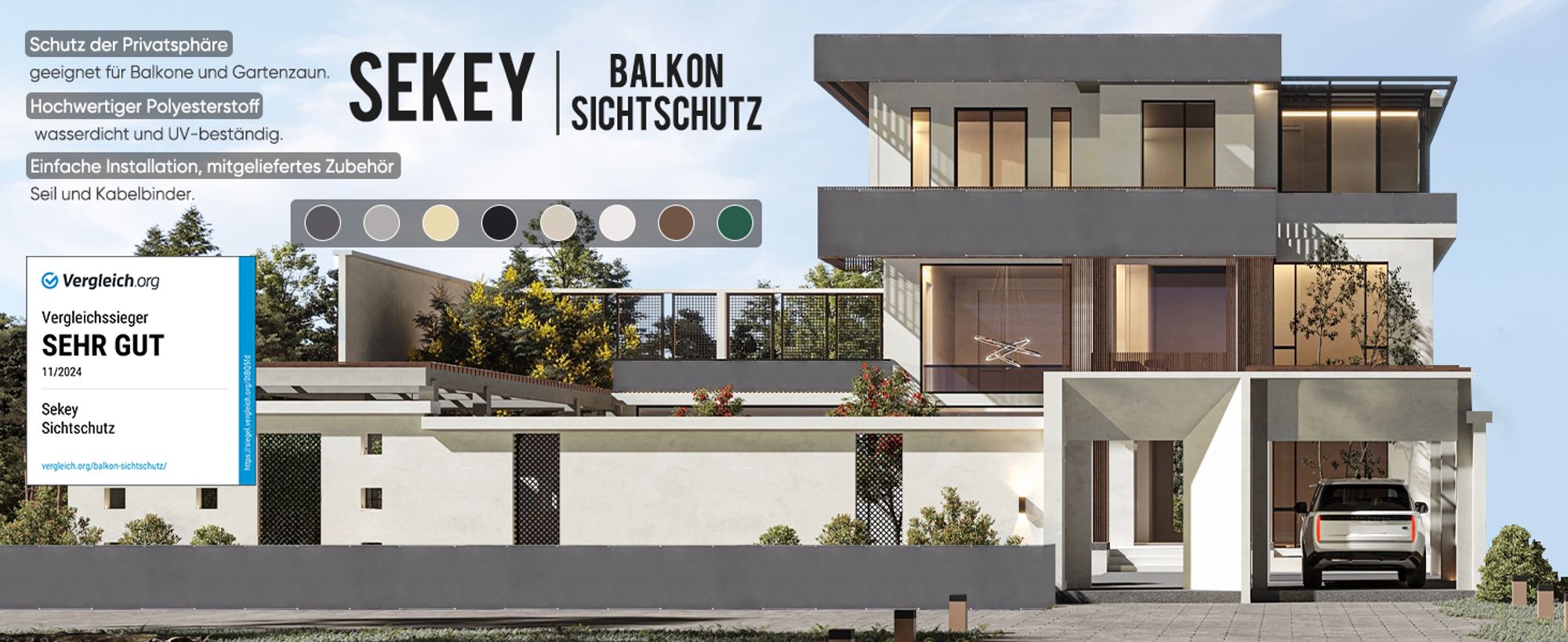 Sekey Balkon Sichtschutz Balkonbespannung PES mit Ösen 100% Privatsphäre, 100 x 600 cm