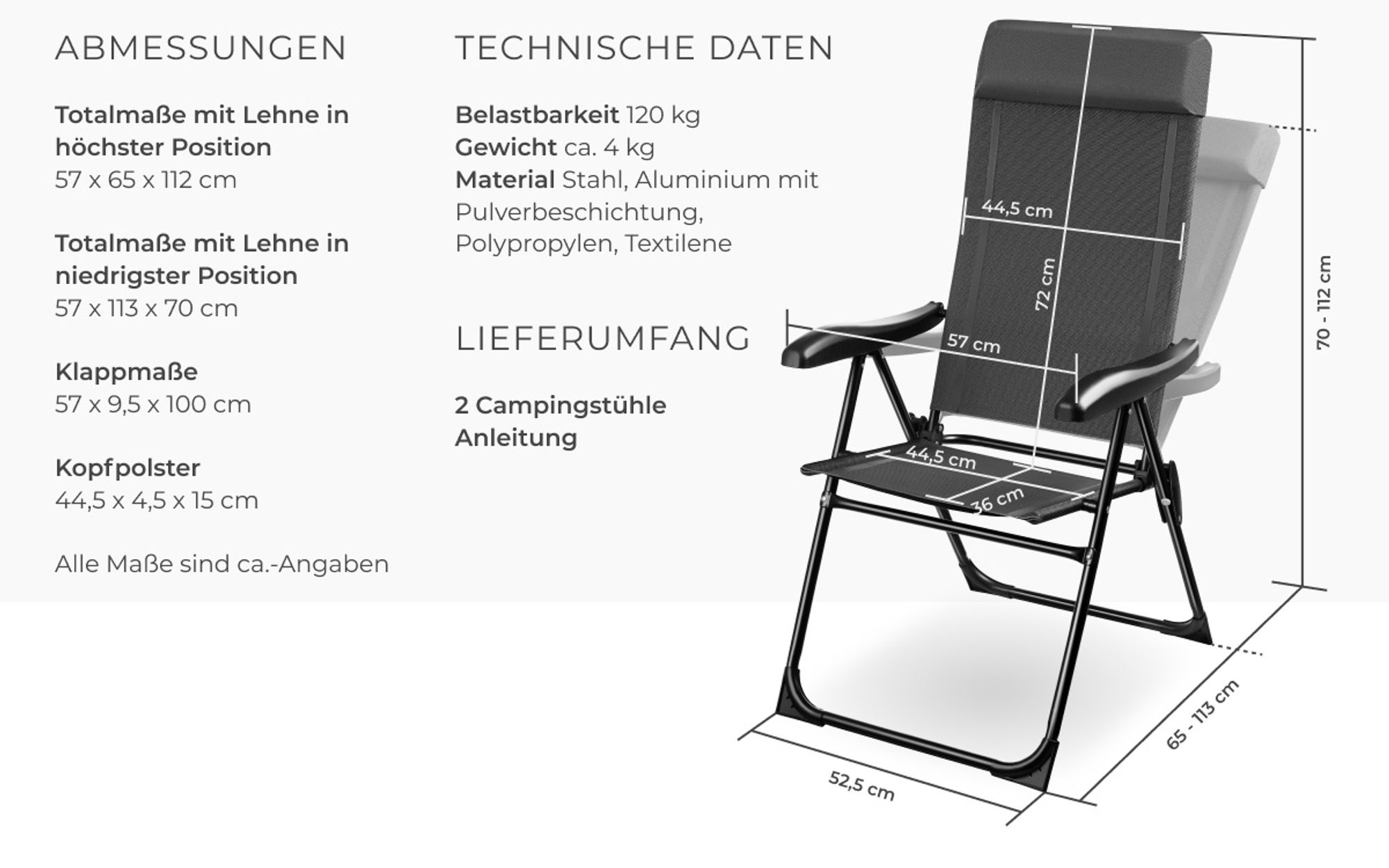 tectake® Campingstuhl Müritz Belastbarkeit 120 kg, 57 x 65 x 112 cm