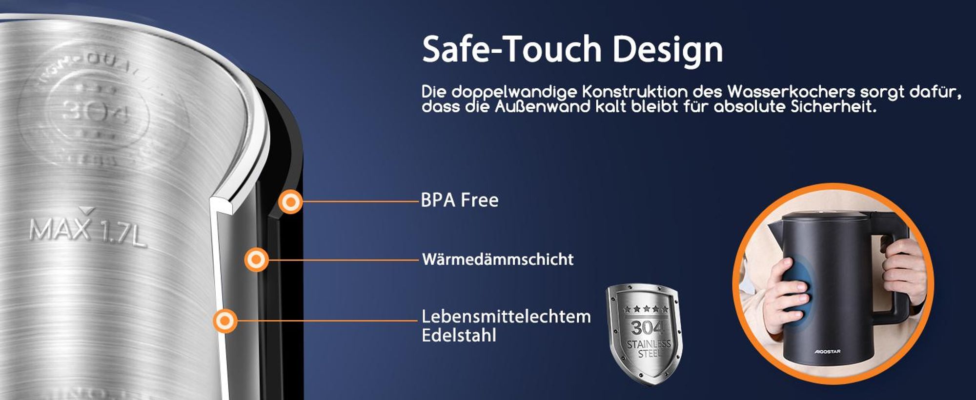 Aigostar Smart Glas-Wasserkocher 1,7L: WLAN & Alexa, 40°C-100°C Temperaturwahl, Innen 100% Edelstahl (Plastikfrei), Strix-Kontrolle, Schwarz