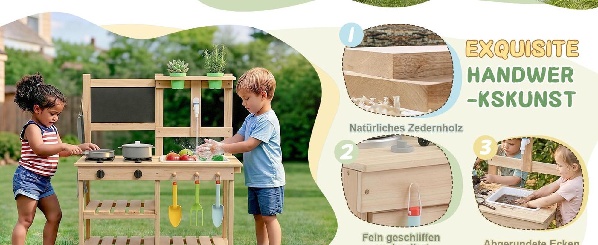 FCH Kinder-Matschküche,Gartenküche, Outdoor Spielküche mit Spüle & Zubehör,Kinder-Spielküchen-Set
