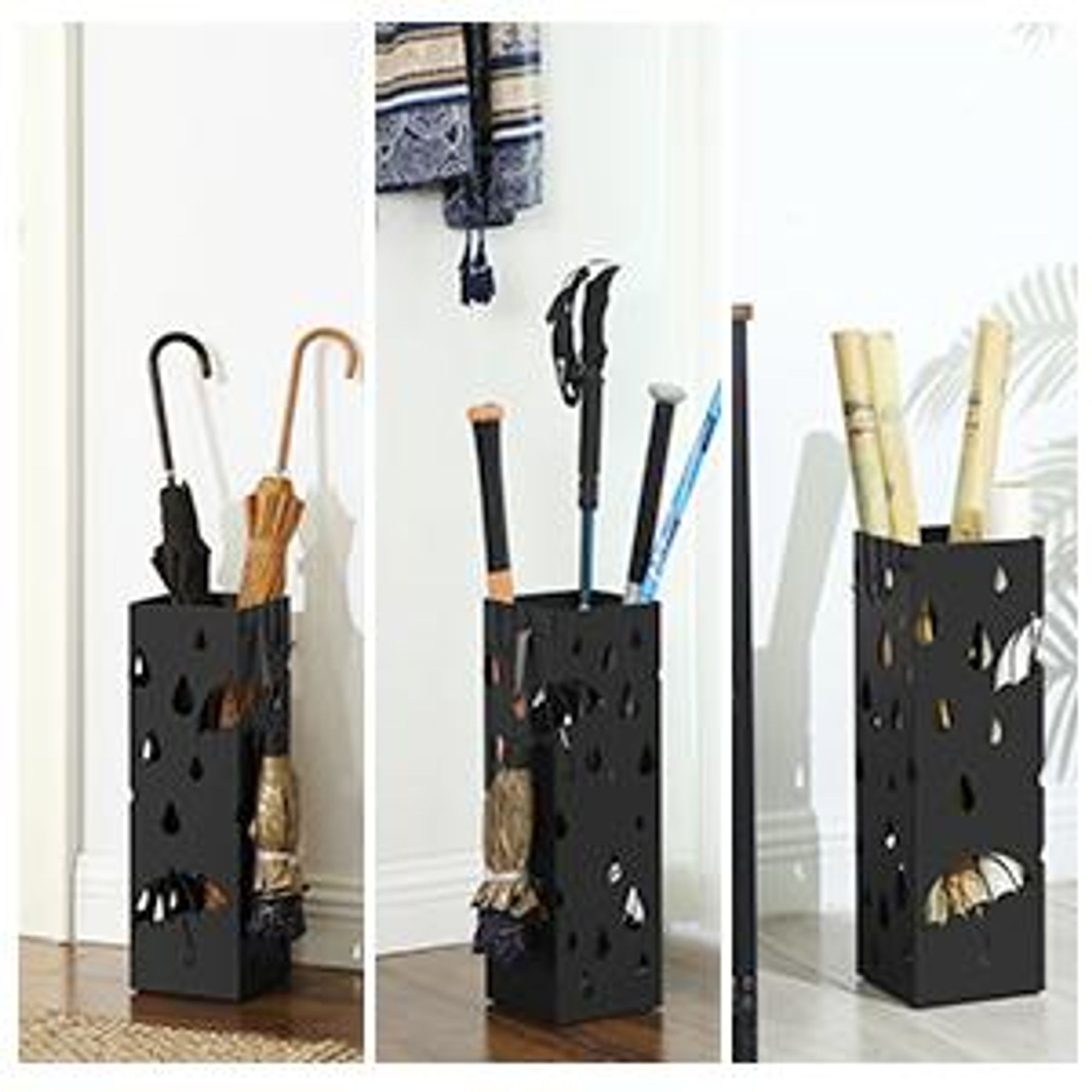 SONGMICS Ø 15,5 x49cm Schirmständer 2 Haken Metall Regenschirm Wasserauffangschale schwarz werdern verschenkt rechteckig LUC49B