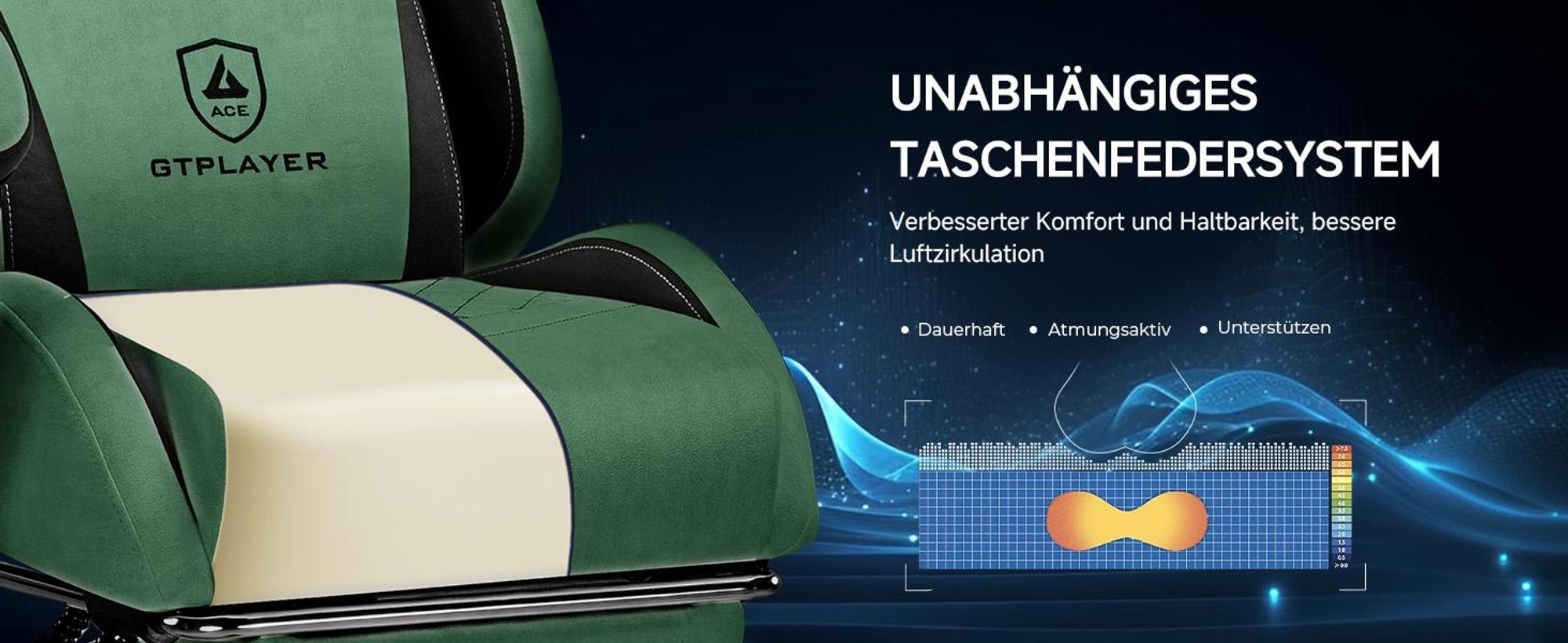 GTPLAYER Gaming Stuhl, Ergonomischer Gamer Stuhl aus Stoff mit Lendenwirbelstütze, PC-Stuhl mit verbreiterter Rückenlehne, Belastbar bis 150 kg, Grün