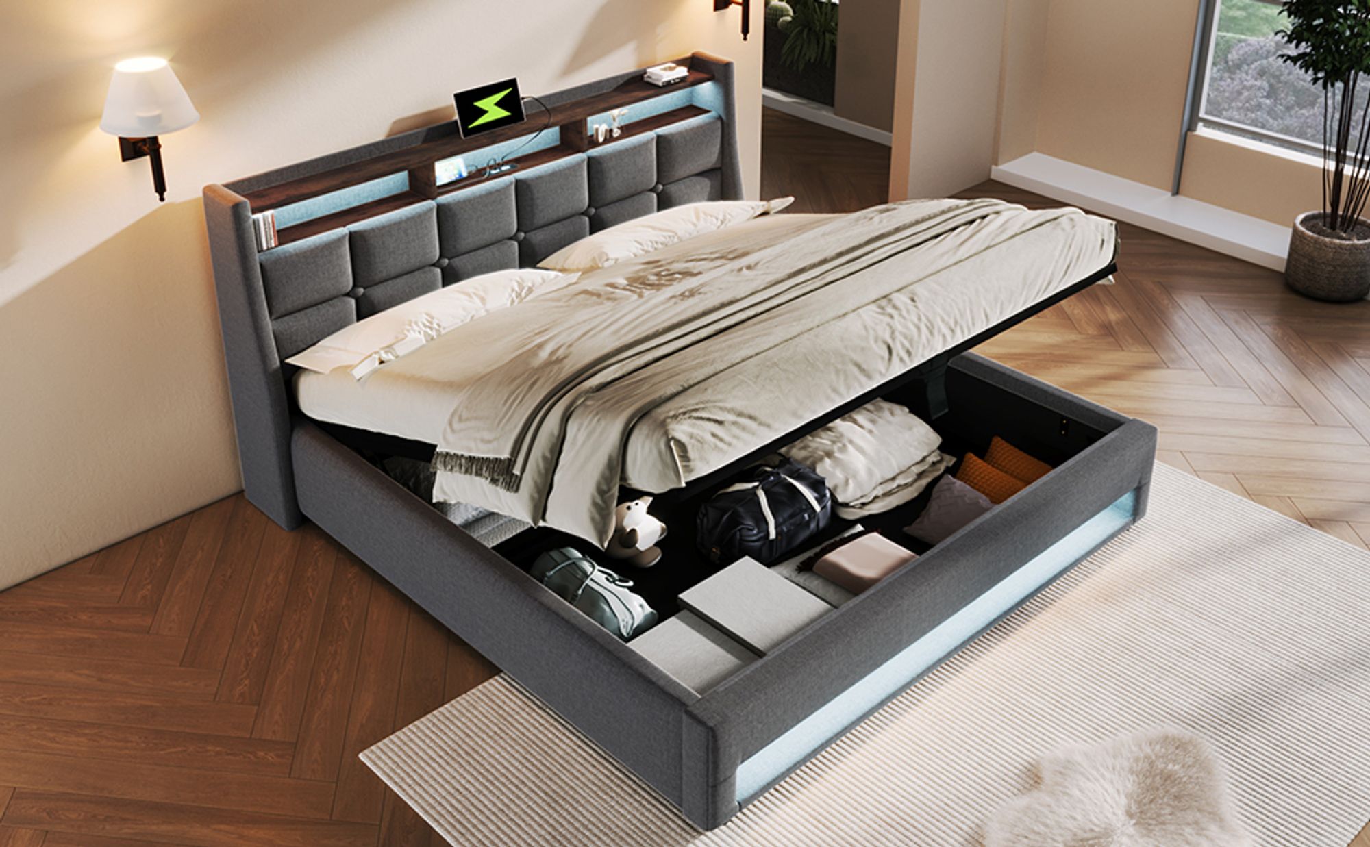 okwish LED Polsterbett 180x200cm, mit USB, Doppelbett mit Metallrahmen Lattenrost, Leinenbettgestell Jugendbett, Grau (ohne Matratze)