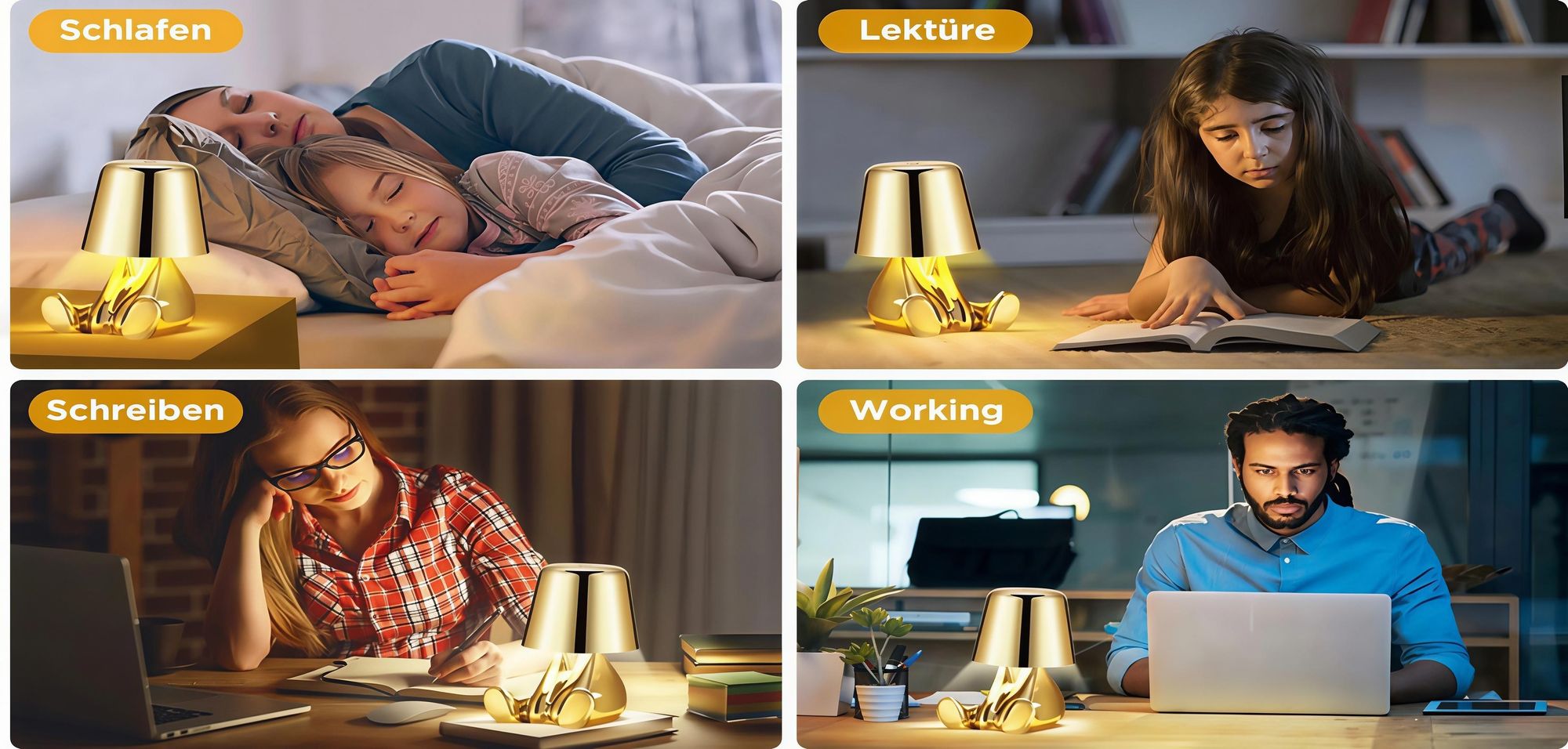 Thinker-Statue LED Nachttischlampe mit Touch-Steuerung,USB-Aufladung,3 Helligkeitsstufen,Kabellose Dimmbare Tischlampe,Dekorative Nachtlicht,(Gold A)