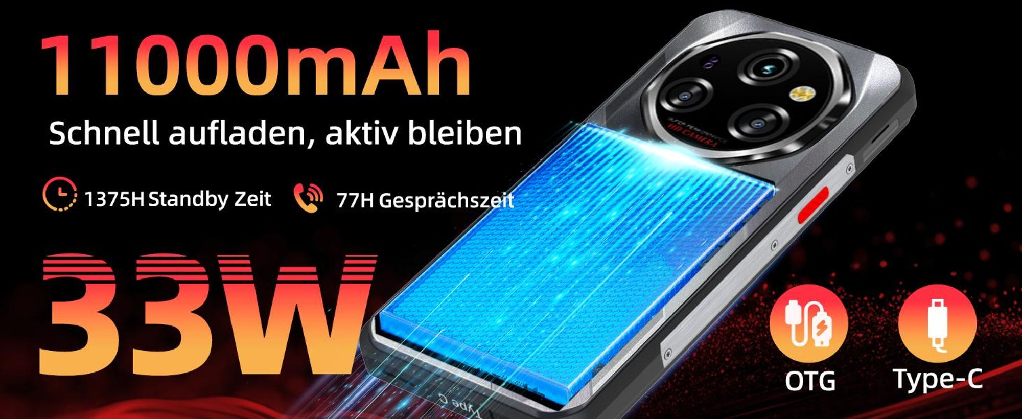 OUKITEL WP62 5G Outdoor Handy Android 15, 48GB+512GB/2TB Outdoor Smartphone Ohne Vertrag11000mAh/33W, 6,6'' FHD+120Hz 108MP+32MP,IP68/OTG/NFC, Silber