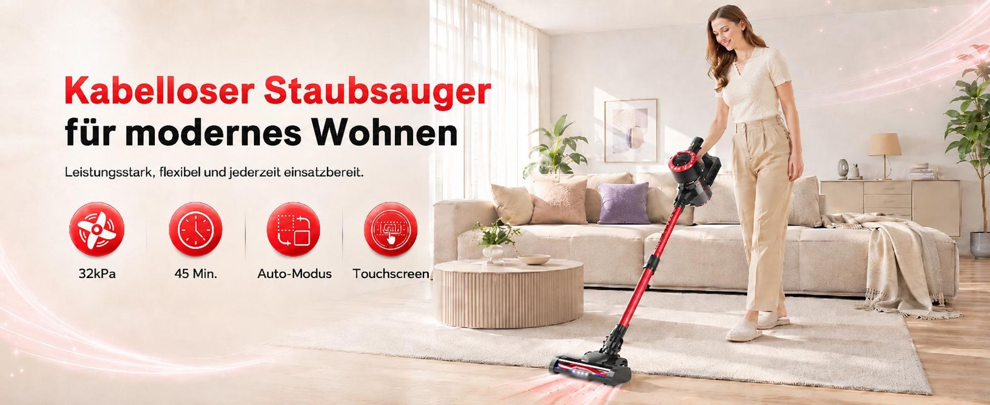 Akku Staubsauger, 500W/32000 Pa Staubsauger kabellos mit HEPA ,45 Min, kabelloser Staubsauger,Anti-Tangle-Staubsauger, Handstaubsauger für Tierhaare