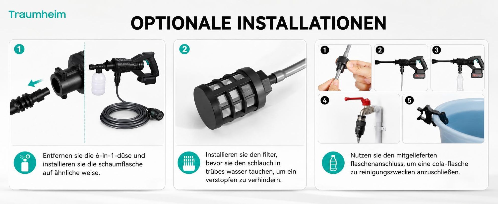Akku Hochdruckreiniger, 40 Bar Tragbarer Hochdruckreiniger mit 1500mAh Akku, 6-in-1 Multi-Sprühdüse 5M Schlauch für Auto, Terrasse, Garten, Zaun, Pool
