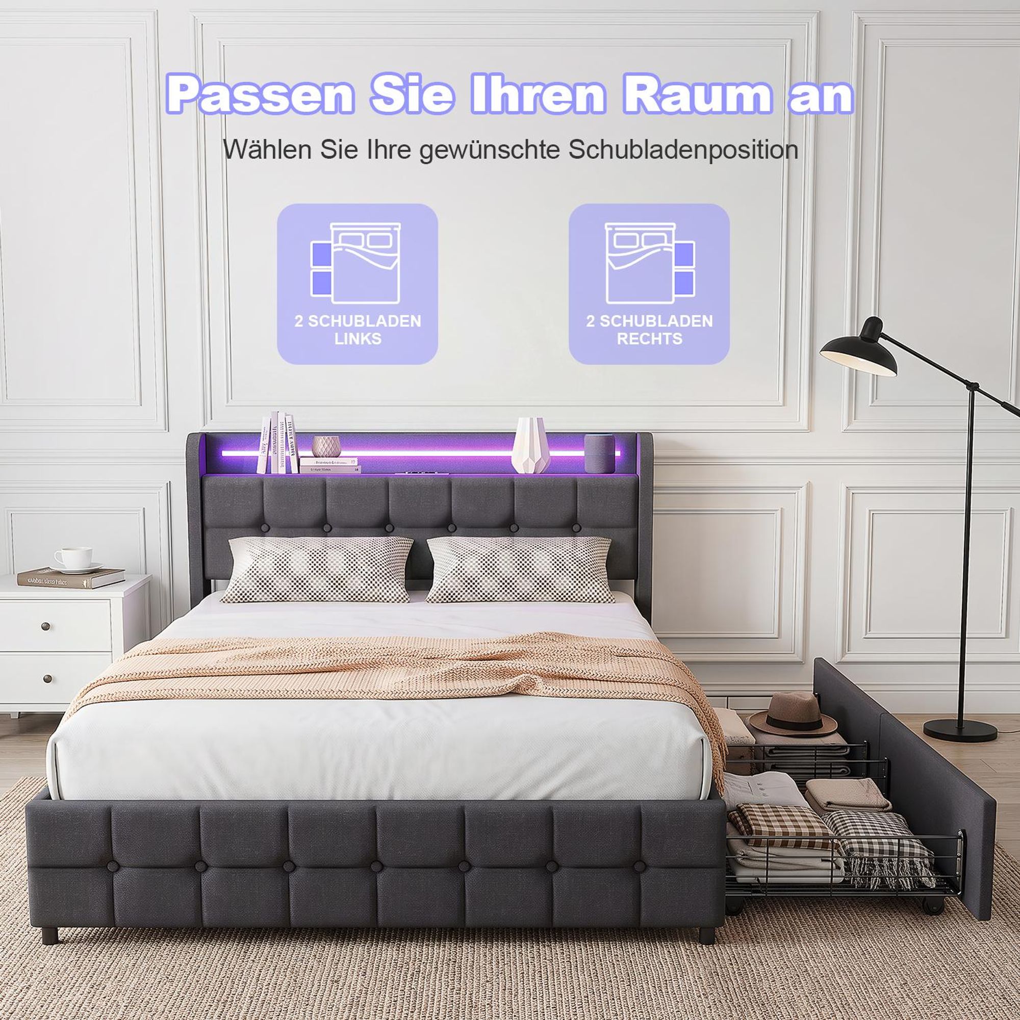 OYAJIA Polsterbett 140x200cm mit USB und Steckdosen,Jugendbett Einzelbett mit 2 Schubladen, Stauraumbett Massivholzbett mit LED und Lattenrost, Leinen