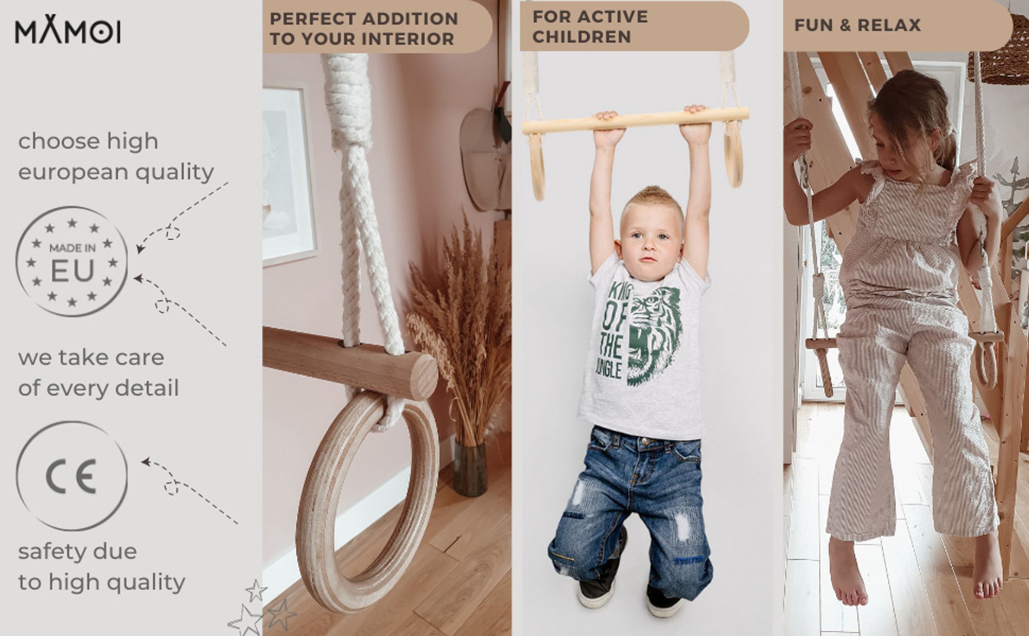 MAMOI® Trapézová houpačka, gymnastická kolečka ze dřeva, gymnastické nářadí pro děti pro vnitřní i venkovní použití, houpačka s kolečky, gymnastika