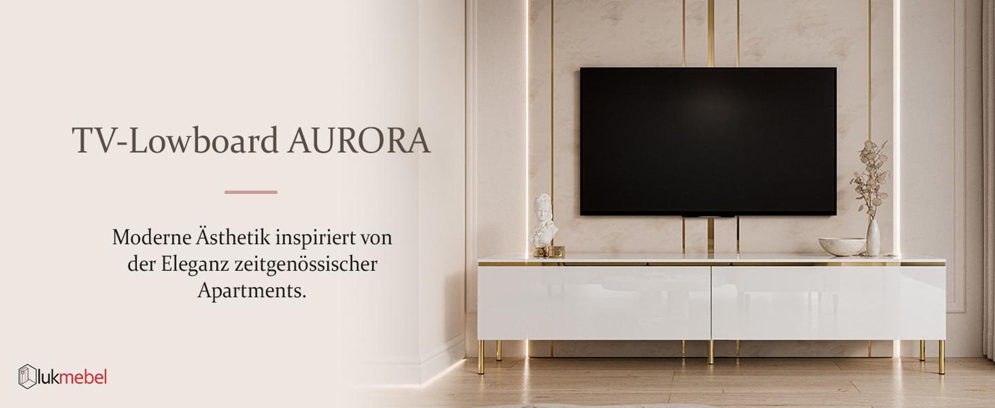 RTV Schrank AURORA auf Beinen Weiß / Weiß hochglanz, gerade gold Chrom Beine