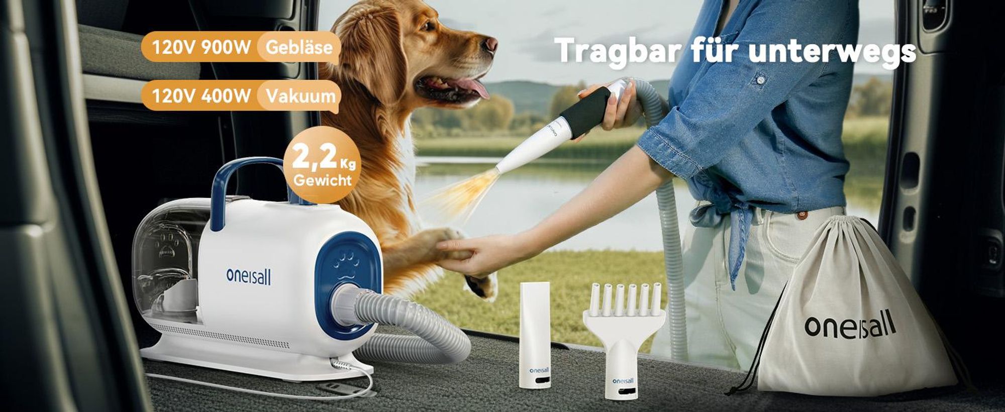 Oneisall Hundeschermaschine mit Staubsauger und Föhn, 8 in 1 Profi Haustierpflegeset
