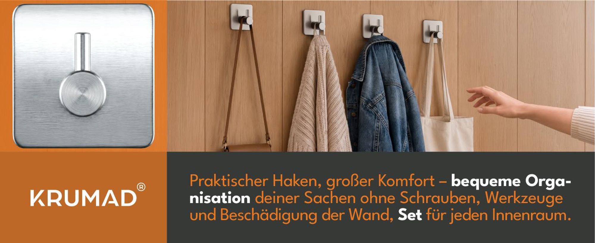KRUMAD 4x Selbstklebende Haken Silber, Wandhaken ohne Bohren, Klebehaken für Bad Küche Flur Handtücher Kleidung