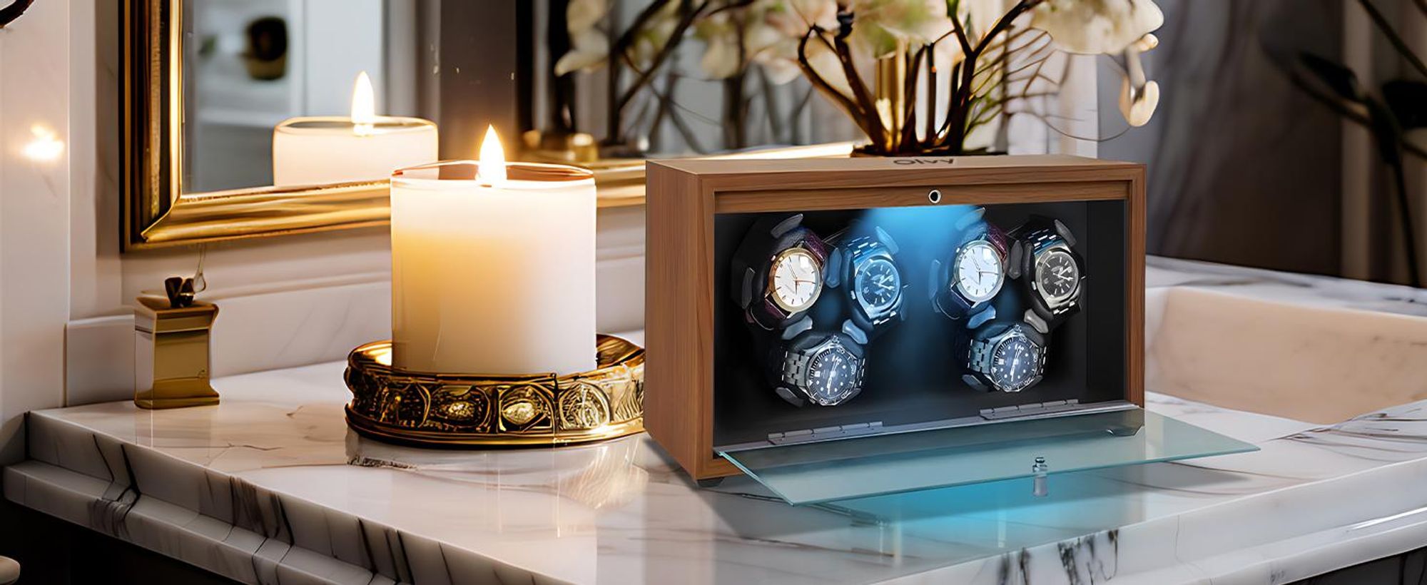 Olvy horlogewinder voor 6 horloges, met LED-verlichting, horlogewinderkast van hout, extreem stille Mabuchi-motor, flexibele horlogebakjes, horlogewinder