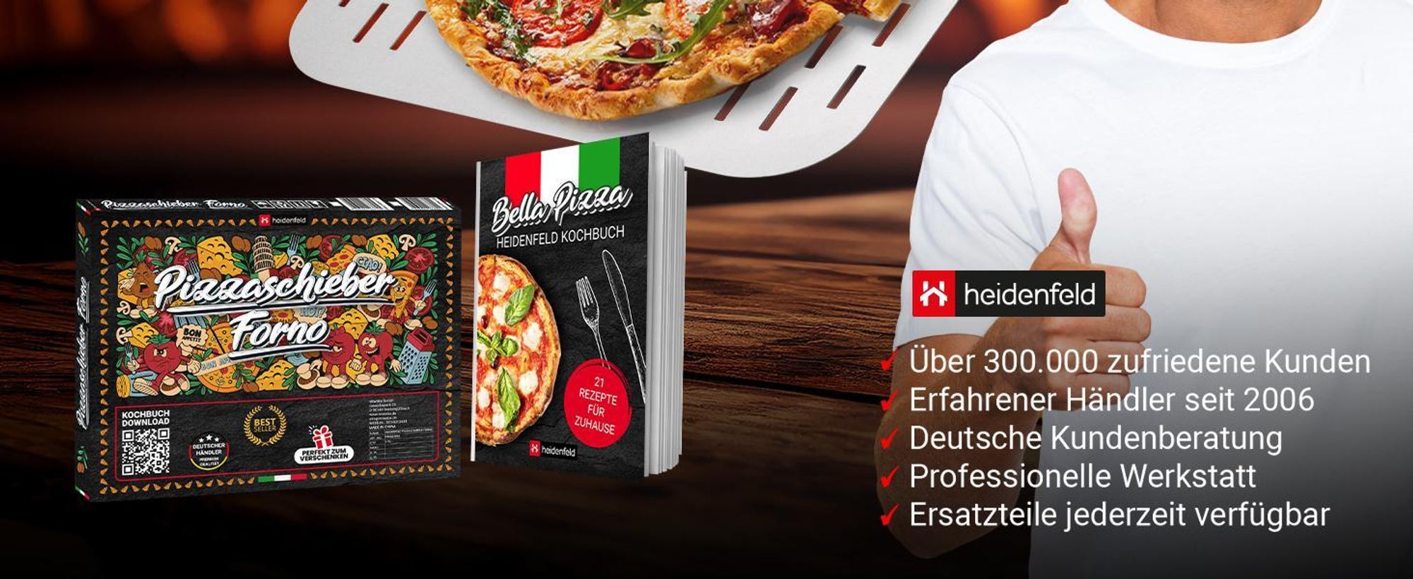 Pizzaschieber Forno 13 Zoll | Pizza Schaufel - Ofen - Back Zubehör - Pizzaschaufel - inkl. Rezepte - Edelstahl - Rostfrei - Verbrennungsschutz
