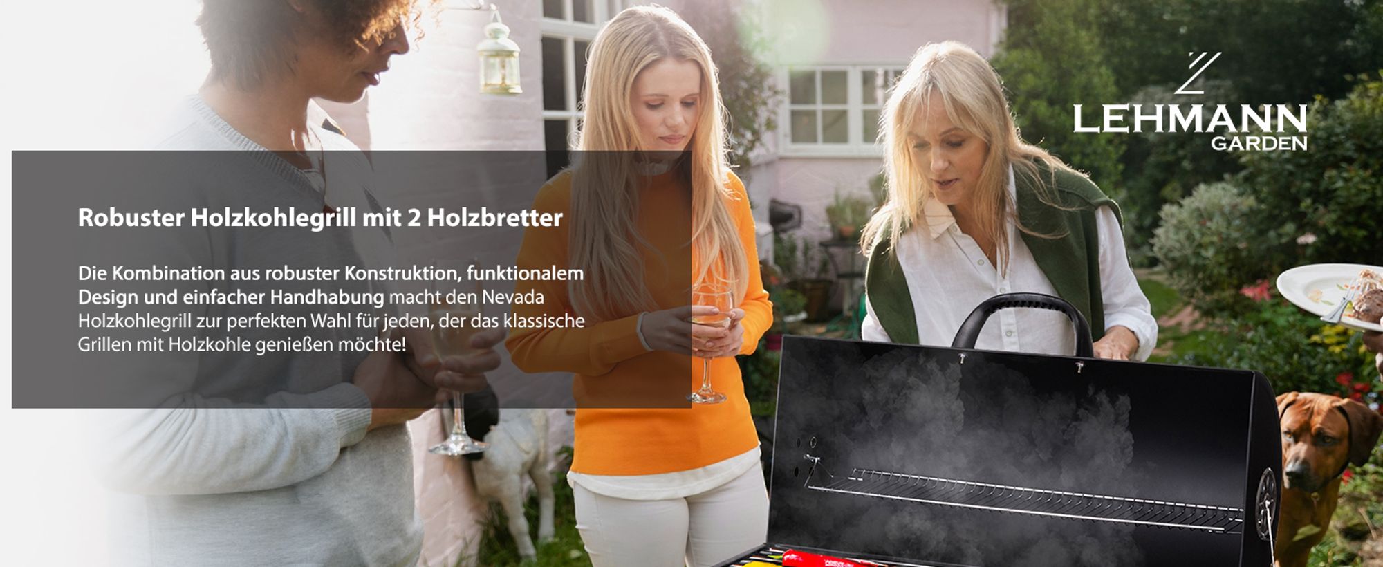 Lehmann Holzkohlengrill mit Grillrost, 2 Holzeinlegeböden, Deckel und Rädern