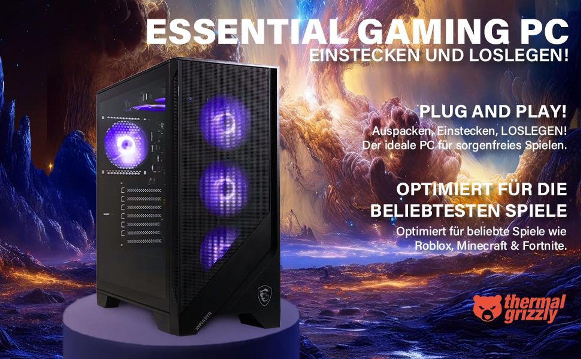 HYPER BYTE Essential - Gaming PC / Computer - AMD Ryzen 3 3200G | 3,6 GHz | Vega 8 | 16GB DDR4 | 256GB SSD | WLAN | Win11 Pro