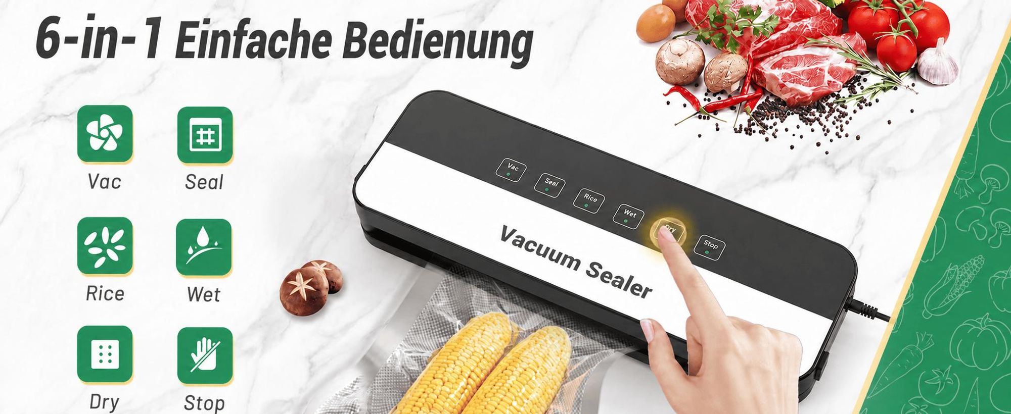 Vakuumiergerät, Professioneller 6-in-1 Vakuumierer für Lebensmittel, Trocken-/Nassmodus, automatische Versiegelung für Fleisch, Obst, Gemüse
