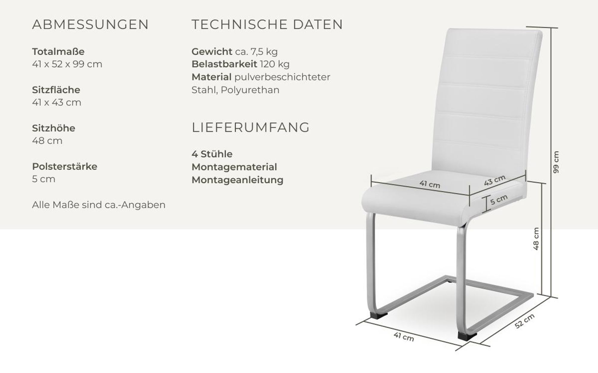 tectake® Set Schwingstuhl Bettina gepolstert mit Kunstlederbezug 41 x 52 x 99 cm