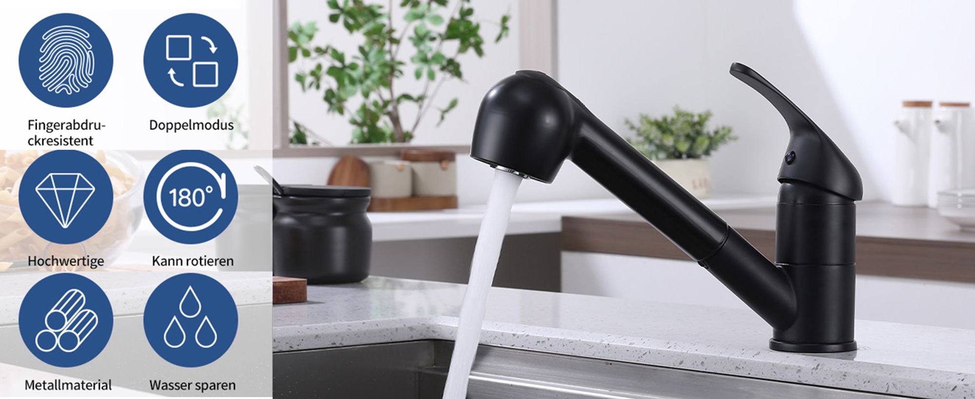 Homelody Schwarz Wasserhahn Küche,  Küchenarmaturen mit 2 Strahlarten Armatur mit Ausziehbarer Brause,  Mischbatterie Küche für Dual-Spülbecken