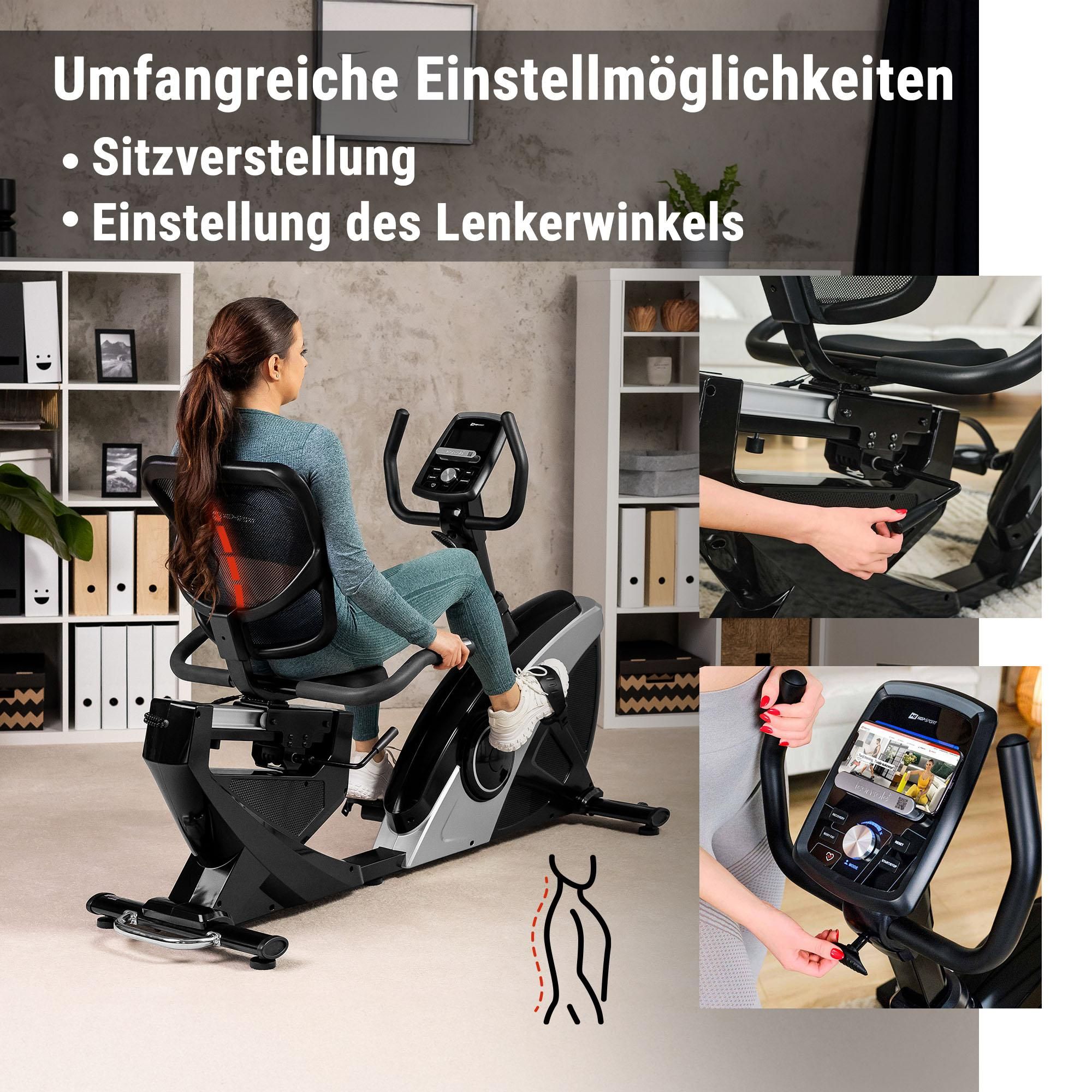 HOP SPORT® Liegeergometer für Zuhause mit 16 verstellbaren Widerstandsstufen, Leise Liegerad Heimtrainer mit Smart Bluetooth APP, Großer Bequemer Sitz