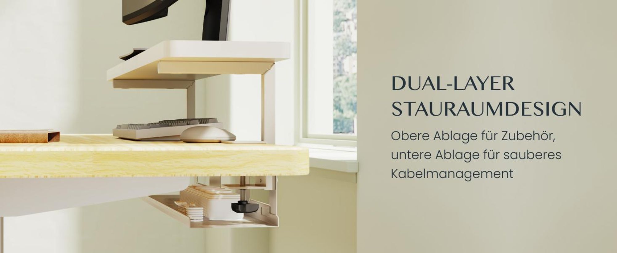 FLEXISPOT Monitorständer mit Klemme, 2 Ablagen, Kabelmanagement, 20 kg Tragkraft, 100 x 20 cm, bis 25 mm Tischplatte, Weiß