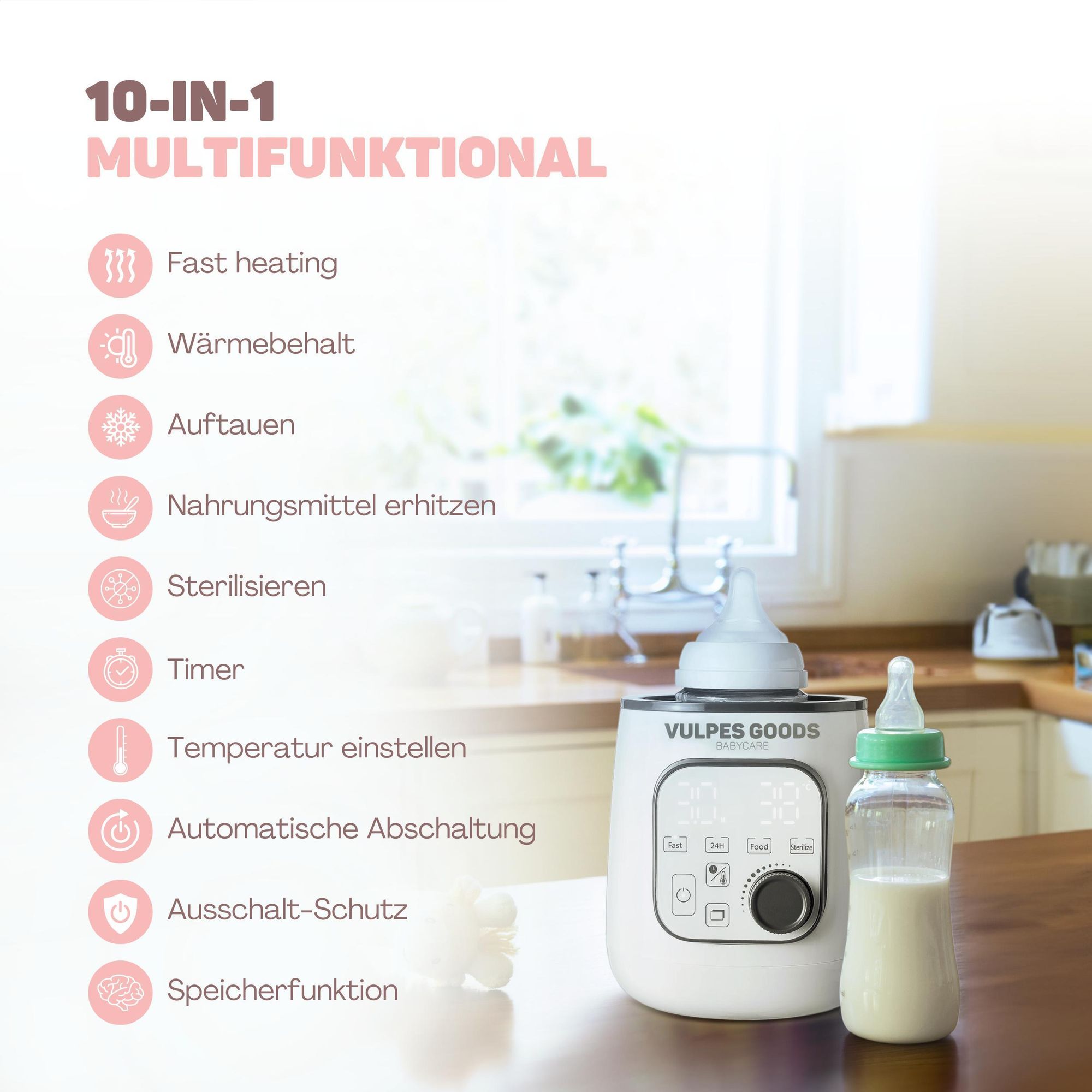 Vulpes Goods Flaschenwärmer, Baby Fläschchenwärmer, Babykostwärmer, 10in1, Babyflaschen-Sterilisator, Warmhalten, mit LCD-Display