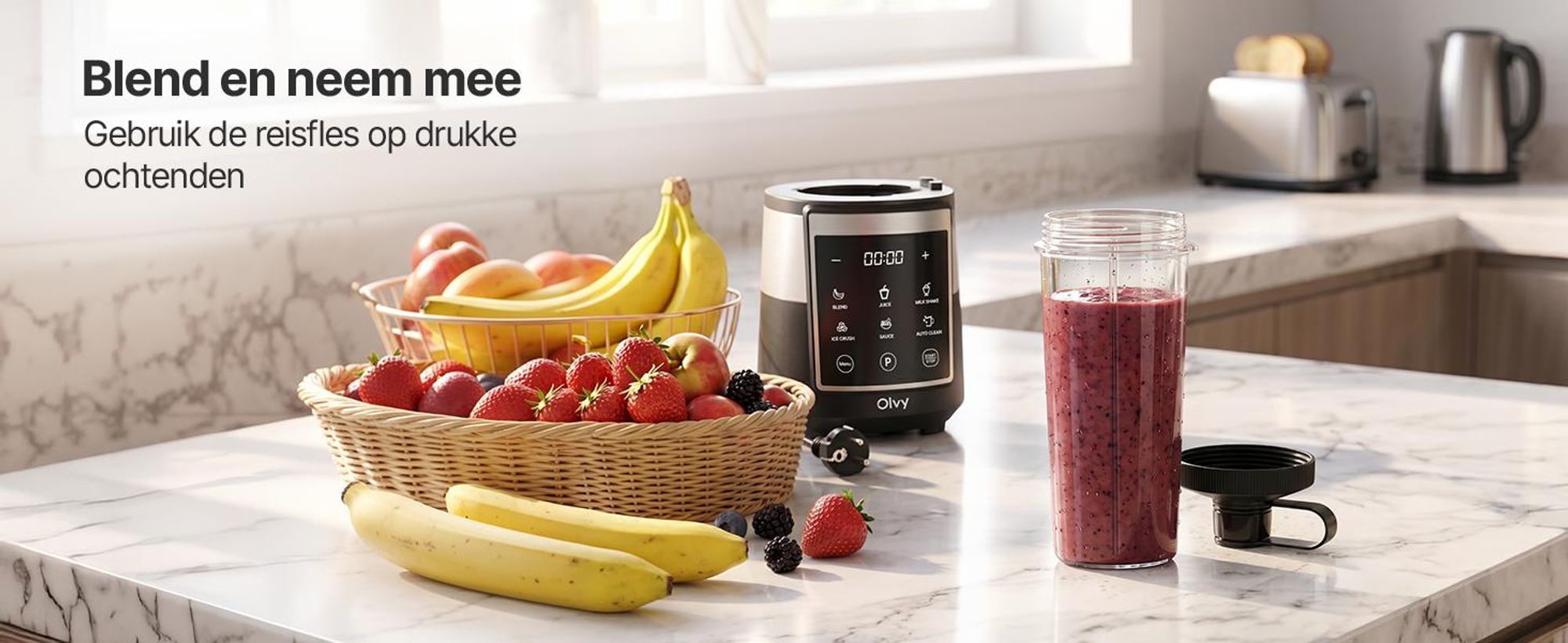 Olvy staafmixer, 1,5 liter glazen kan met 600 ml Tritan-beker, mixer met touchscreen, pulsefunctie en automatische reiniging, geschikt voor smoothies en het vermalen van ijs