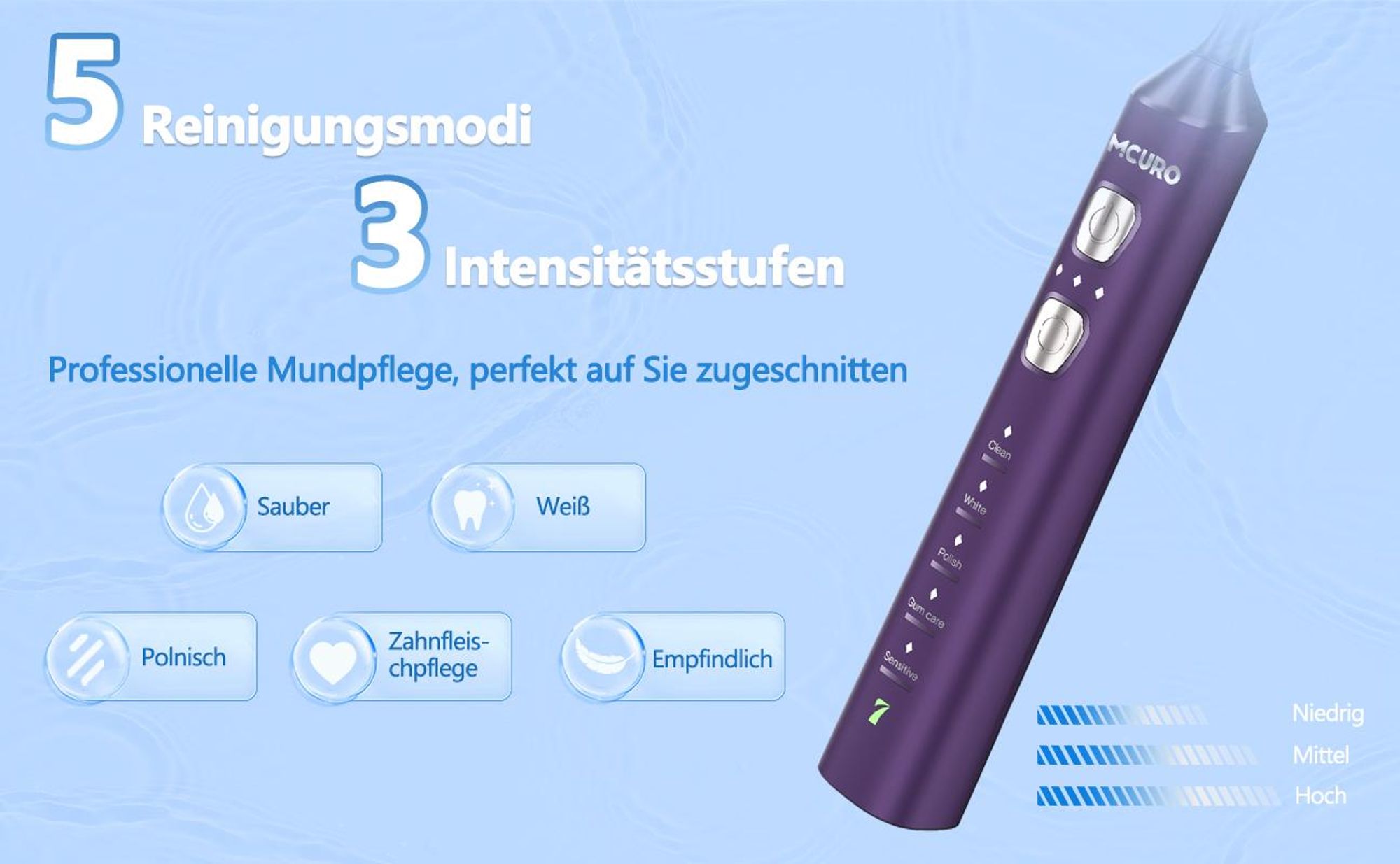 MCURO Elektrische Schallzahnbürste, wiederaufladbar, 10 Std. Ladezeit für bis zu 180 Tage Nutzung, 5 Putzmodi, Timer, 6 Bürstenköpfe, Lila