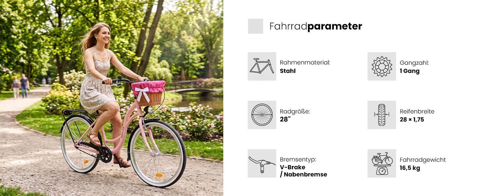 Dallas Bike Damenfahrrad 28 Zoll - Mit Weidenkorb - 1-Gang Rücktritt - Rahmen M 18" - Rosa-Schwarz