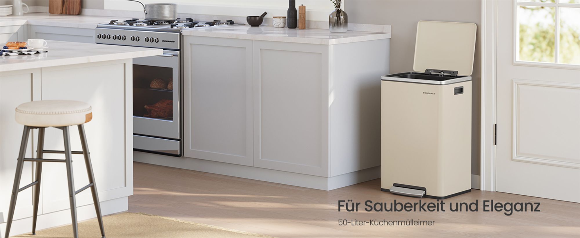 Mülleimer 50 L, 15 Müllsäcke, Stahl, herausnehmbarer Inneneimer aus Kunststoff, Griffe, Softclose, mit Deckel