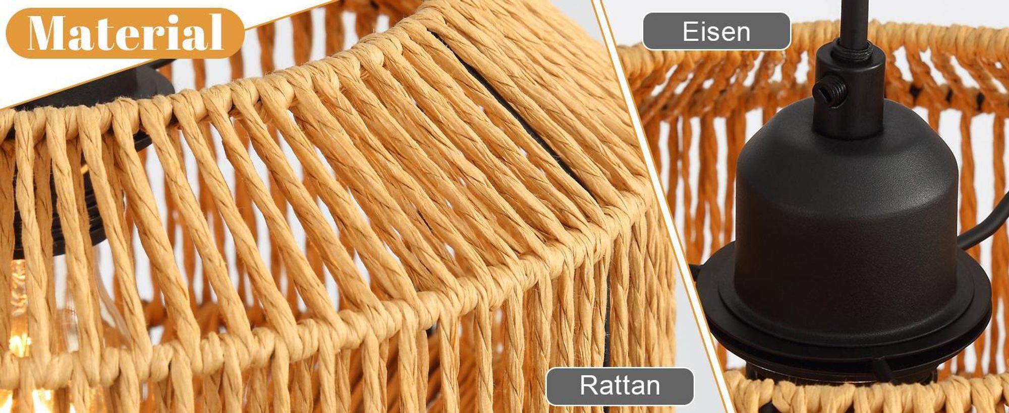 ZMH Pendelleuchte Boho Hängelampe Rattan Lampe Hängend Hängeleuchte Esszimmer 3 flammig Esstischlampe Retro Design mit E27 Fassung für Schlafzimmer