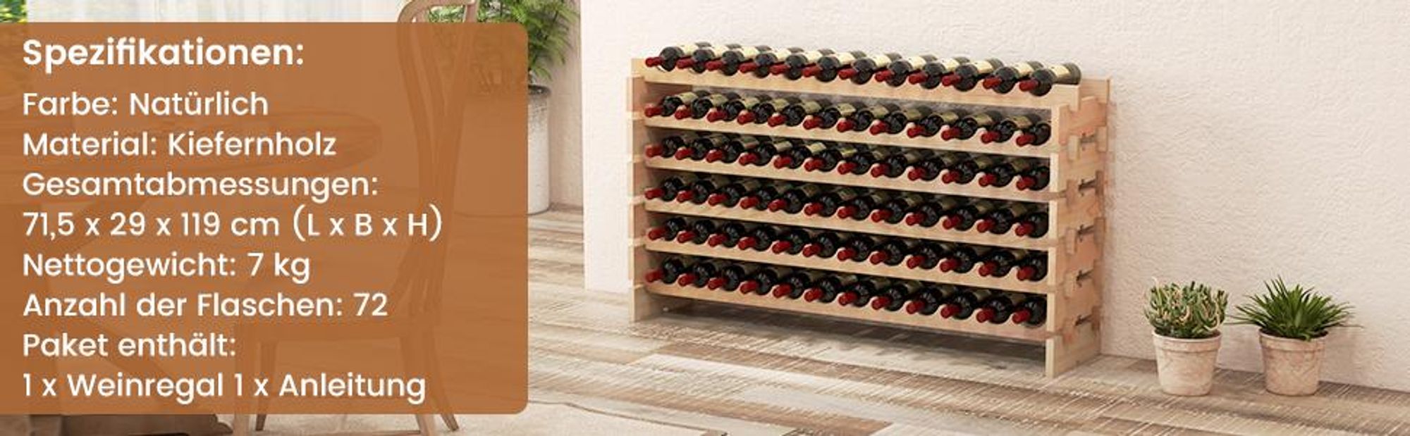 GOPLUS Weinregal stapelbar, Flaschenregal mit 6 Ebenen für 60 Flaschen, Flaschenhalter aus Kiefernholz, Natur (für 60 Flaschen)