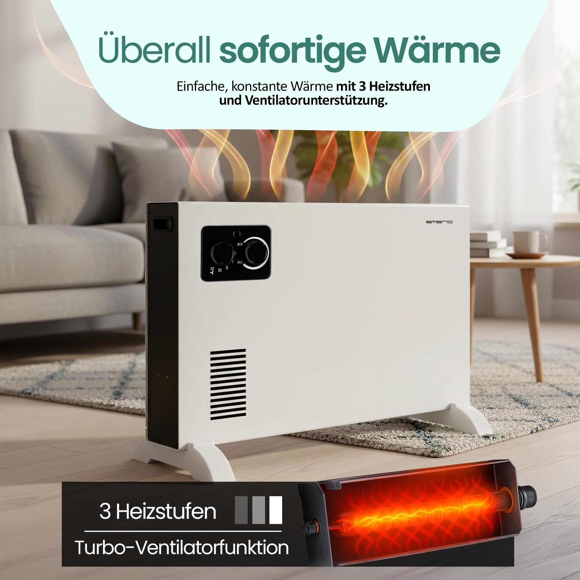 Emerio Konvektor Heizung CH-127166 - bis 18 m² - Überhitzungsschutz - 3 Heizstufen - 2000W - Turbolüfter - Kippschutz - Weiß