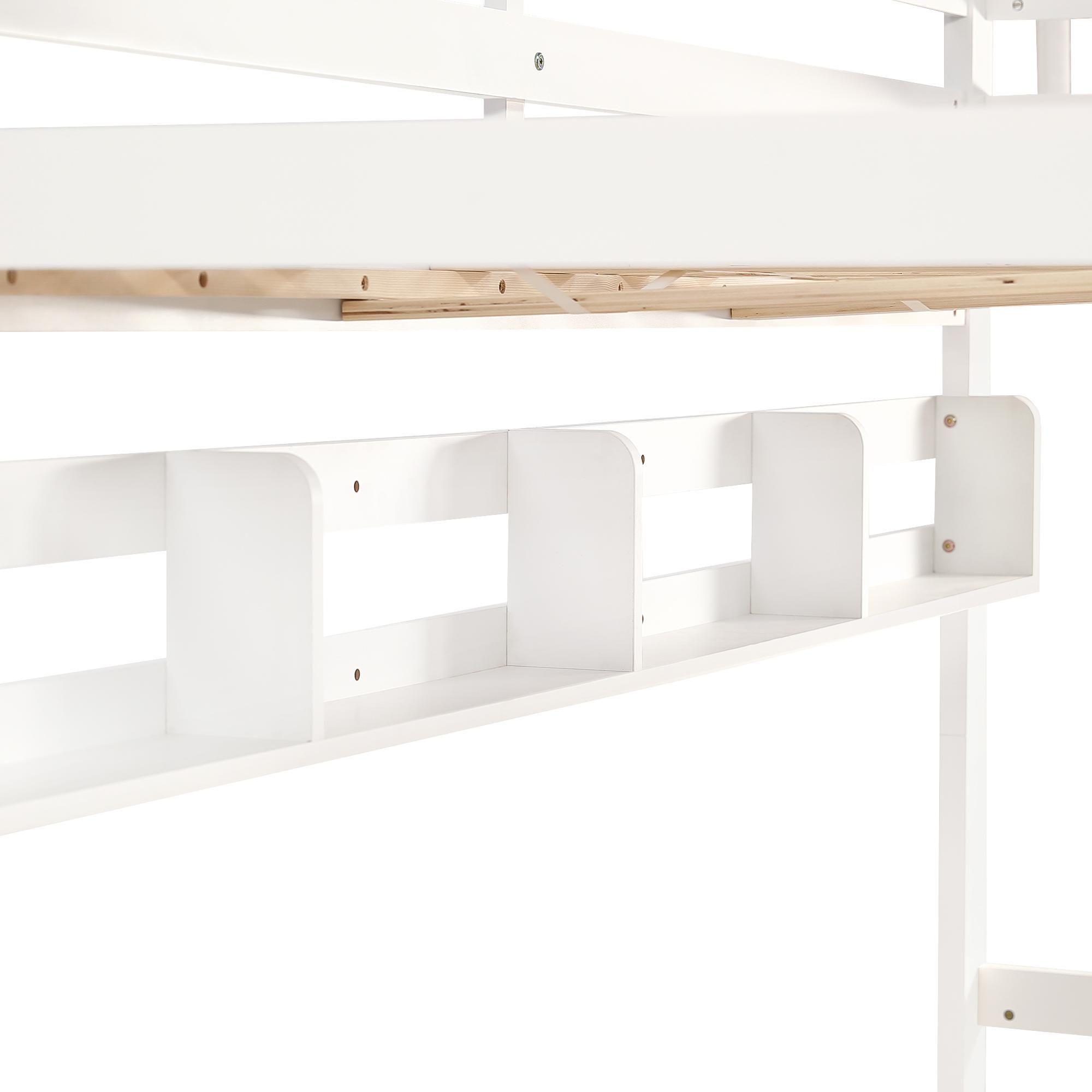 Flieks Etagenbett 90x200cm mit Regal, Kinderbett Hochbett mit 90x190cm großem Ausziehbett, Stockbett Einzelbett für 2 Kinder Kinderzimmer, Weiß
