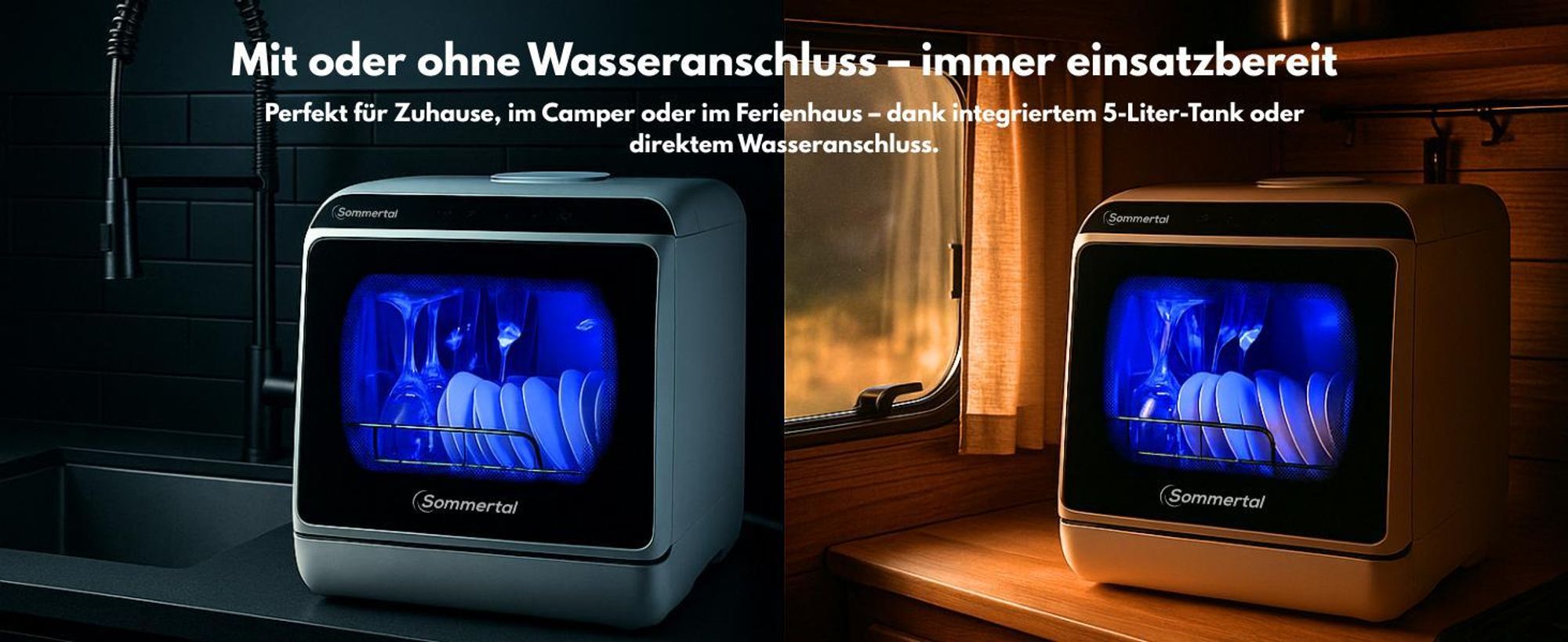 Sommertal Tischgeschirrspüler SP5 Dual – Mini Spülmaschine oder Tischspülmaschine mit 6 Waschprogrammen, 360° Reinigungsabdeckung, flexible Wasserversorgung – effizient & umweltschonend
