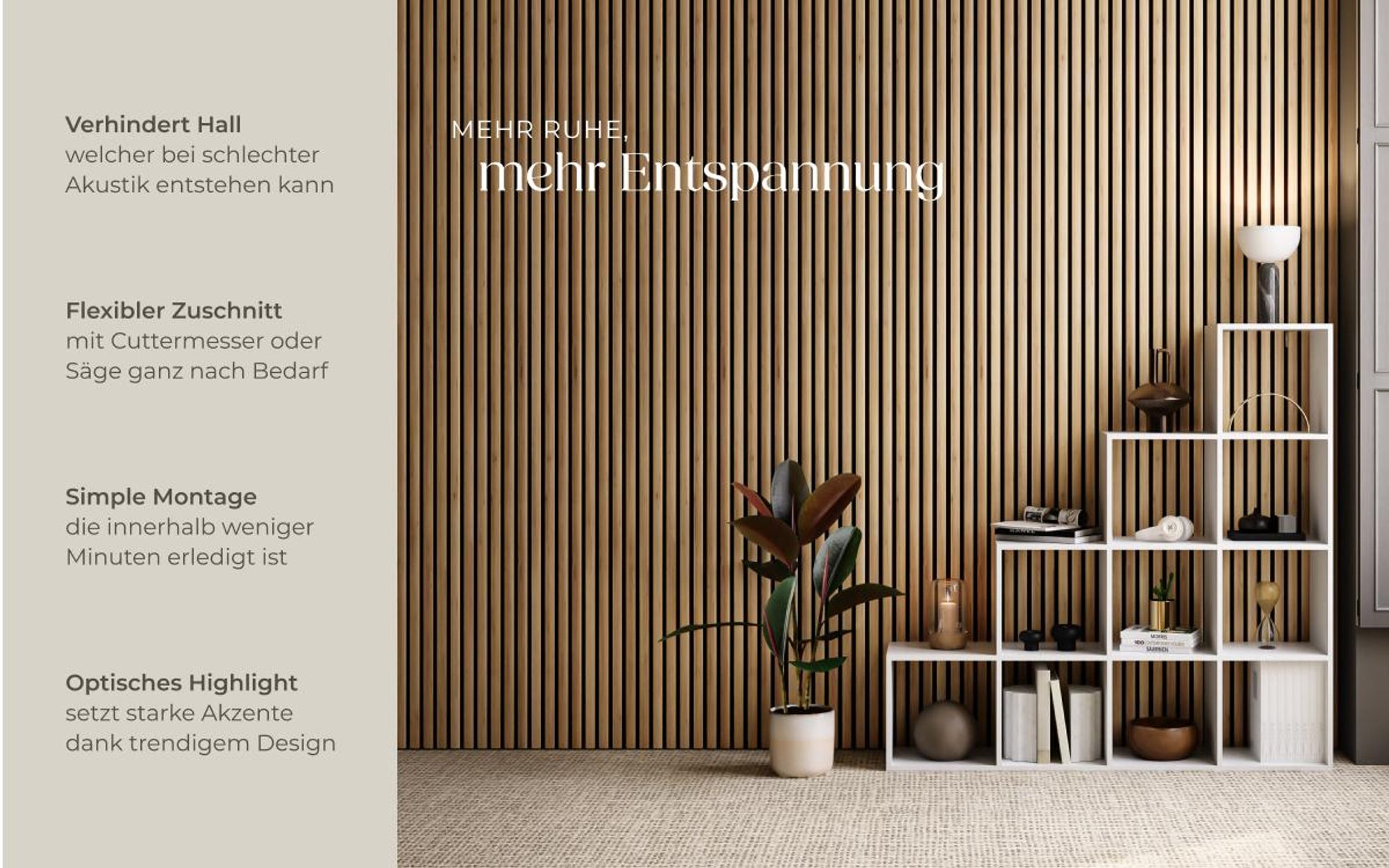 Akustikpaneele Hochwertiges MDF Echtholzfurnier Set - Schallabsorption Filzstoff Holzlamellen Scandi Stil - 120x60x2.1cm - 4 Paneele