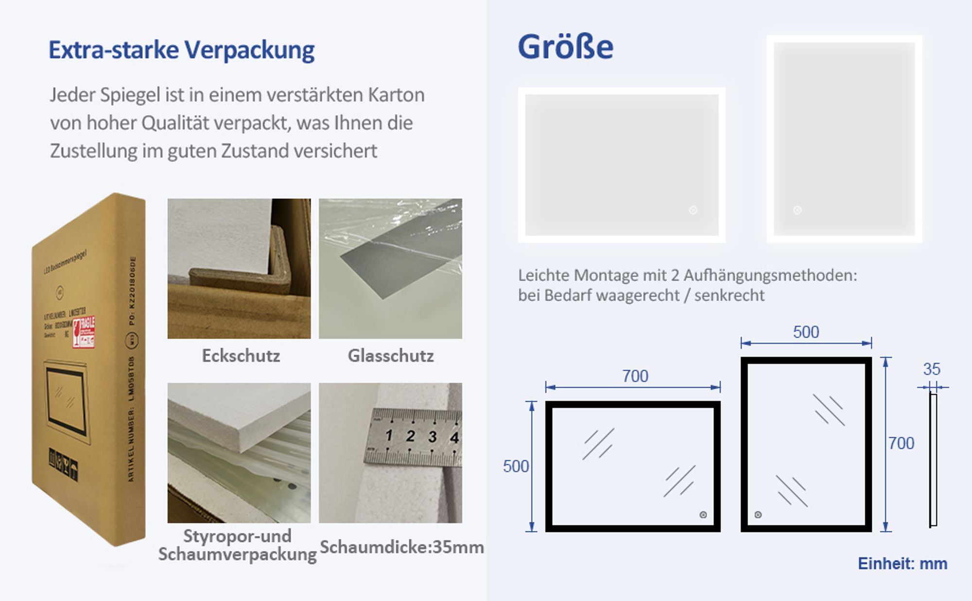 Heilmetz Badspiegel 50x70 cm LED Spiegel Wandspiegel mit Beleuchtung Kaltweiß 6500K Lichtspiegel mit Touchschalter IP44 energiesparend