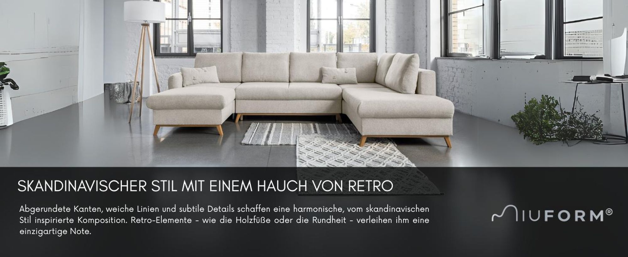 MIUFORM Scandic Lagom - Ecksofa mit Bettfunktion und Bettkasten U-FORM LINKS - 312x202 cm - Beige - Sofa Schlafsofa Couch