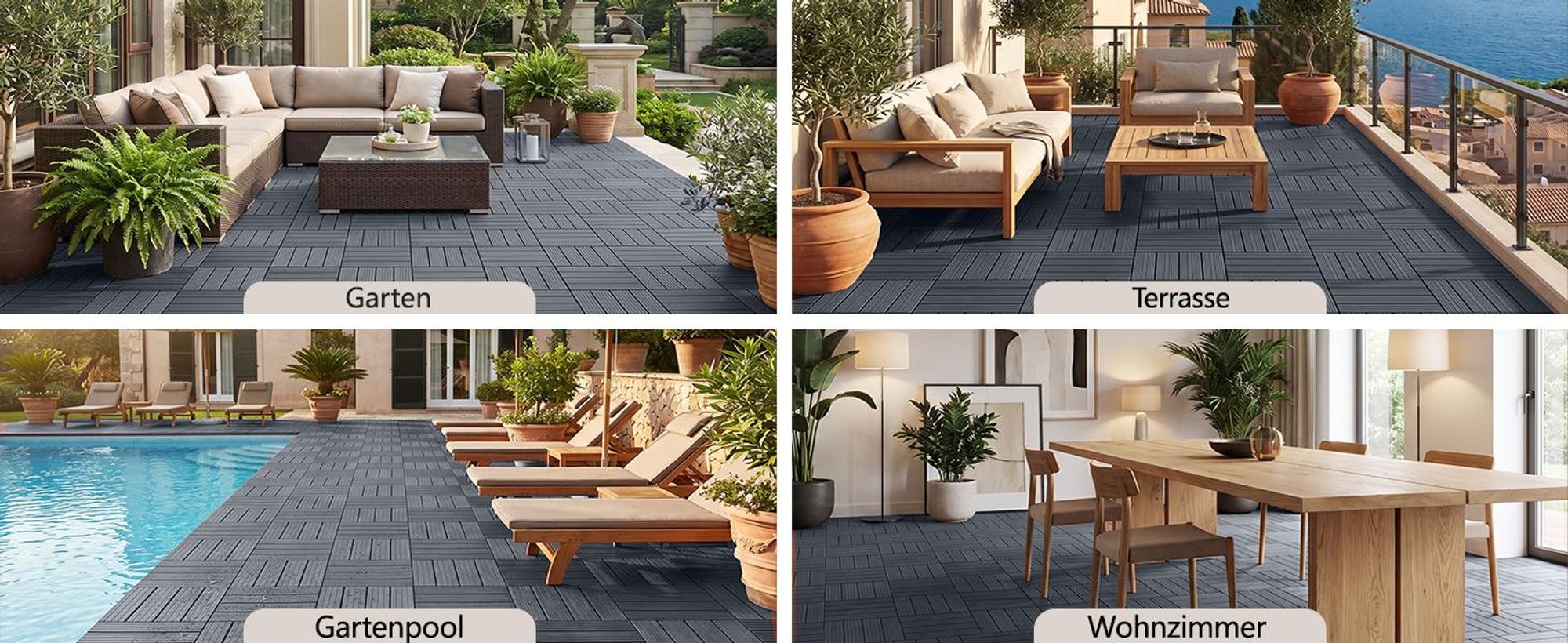 11 Stück Terrassenfliesen Stecksystem Klickfliesen Dielen für Terrasse Garten Balkon Pool[Grau - Gerade Streifen]